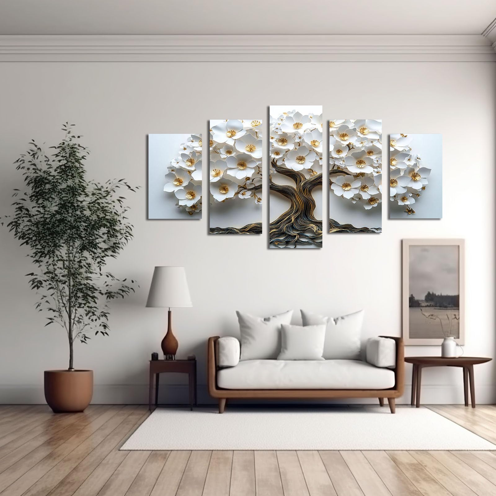 WIKEO Lot de 5 posters Arbre de vie Impression sur Toile Magnifique Arbre de Vie Affiche- Moderne Abstrait Image Tableau -Decoration Murale Salon -Chambre -bureau(Blanc)-100x200cm Encadrée