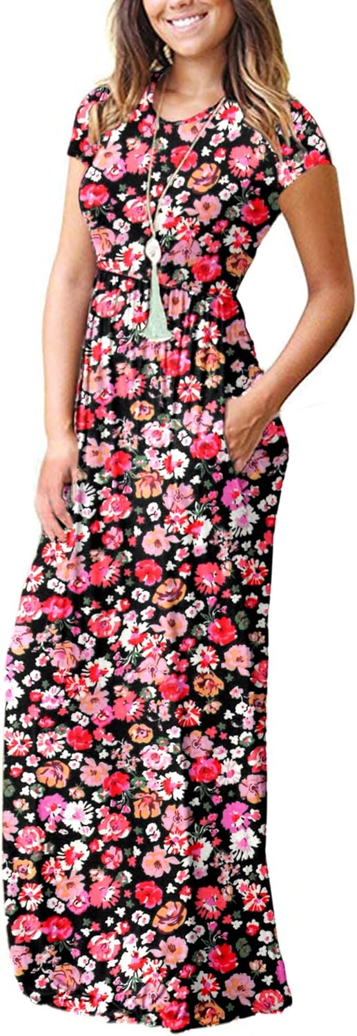 MISFAY Women Short Sleeve Loose Plain Maxi Dresses Casual Long Dresses Pockets(BK RD PK Floral,S) - Image 2