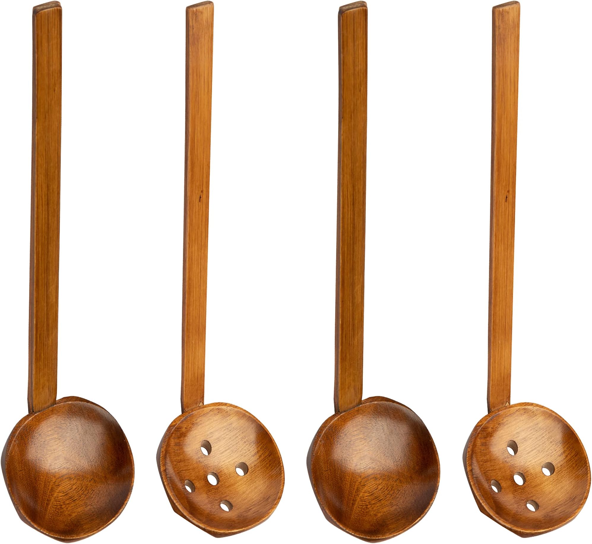 EOPER 4 Pieces Handcrafted 8.5 in Long Handle Wooden Ramen Soup Spoon and Colander Kitchen Utensils