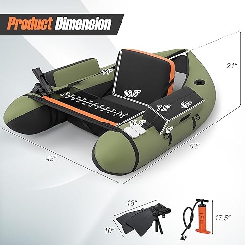 Miniatura 34 de GYMAX Tubo flotador de pesca, barco de pesca inflable de 350 libras con paleta, bomba, aletas, estatores de anzuelos, regla de pescado, bolsillos