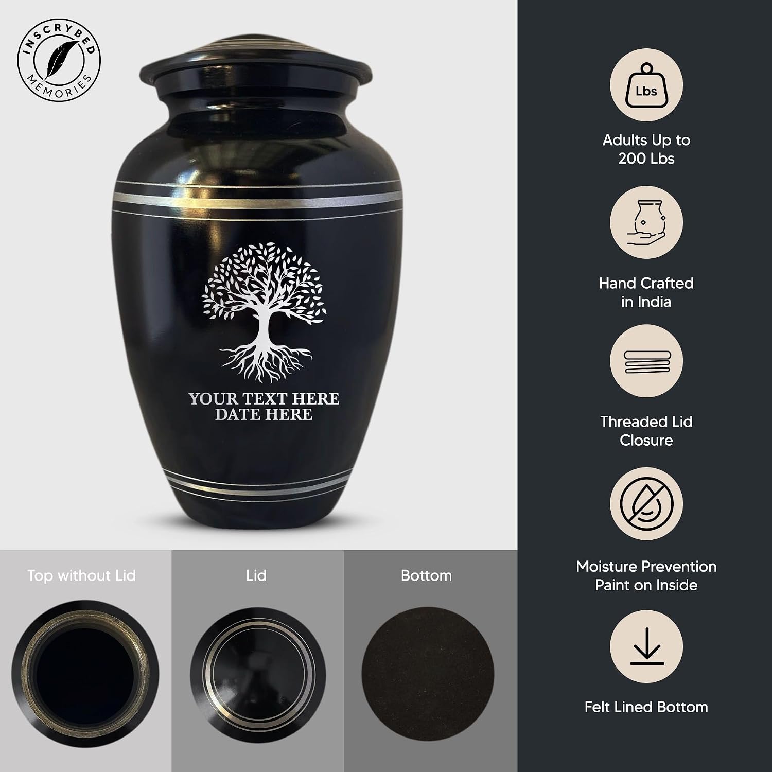 Personalized Custom Human Cremation Urn For Adult Ashes Men & Woman - Engraved Aluminum Urn with Tree of Life, Name and Date - Vessel for Human Remains Up to 200 Lbs | Polished Silver Rim