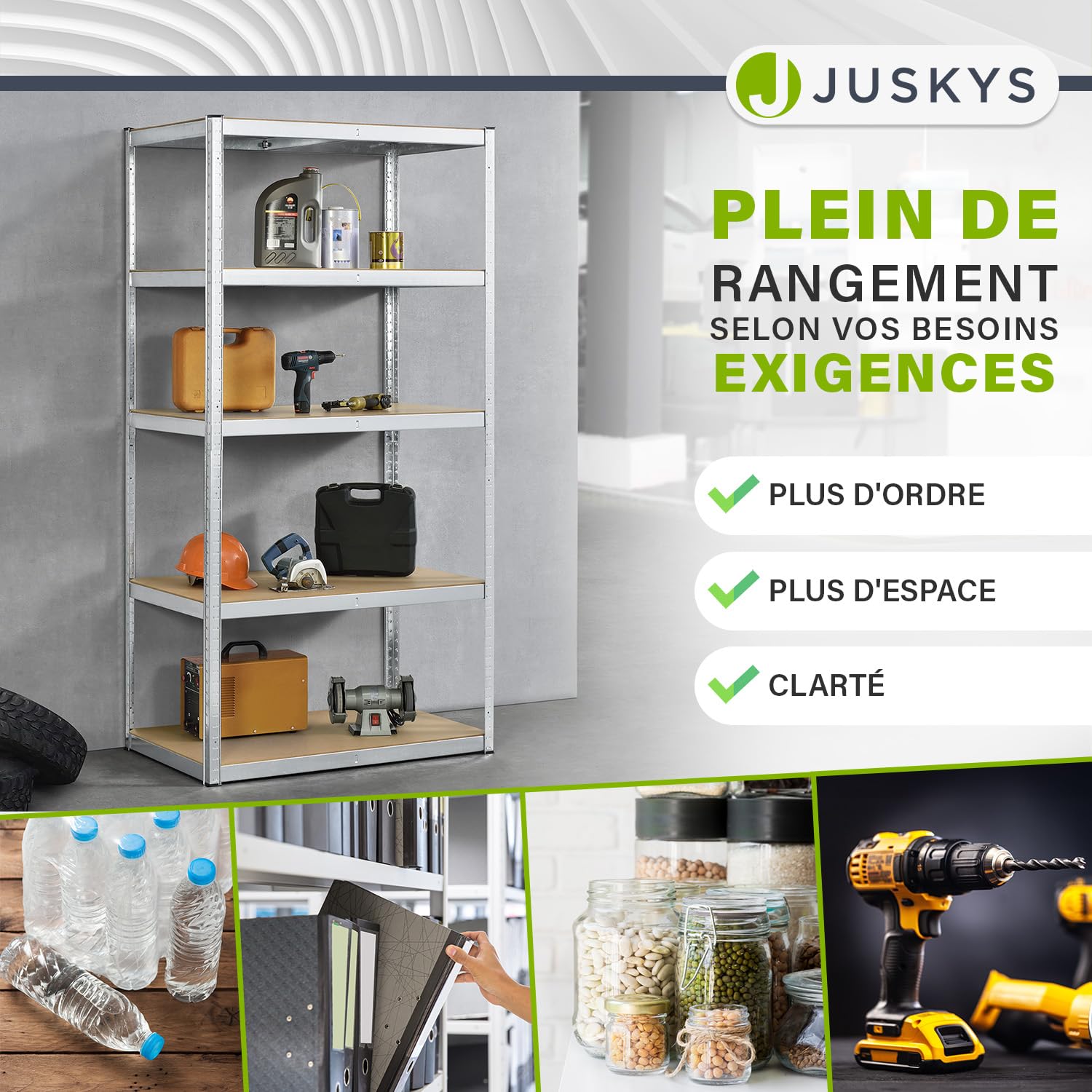 Juskys Étagère pour Charges Lourdes Basic, 200x100x60 cm (HxlxP) | 875 kg | 5 Planches| Étagère de Stockage emboîtable métal Cave système (galvanisé)