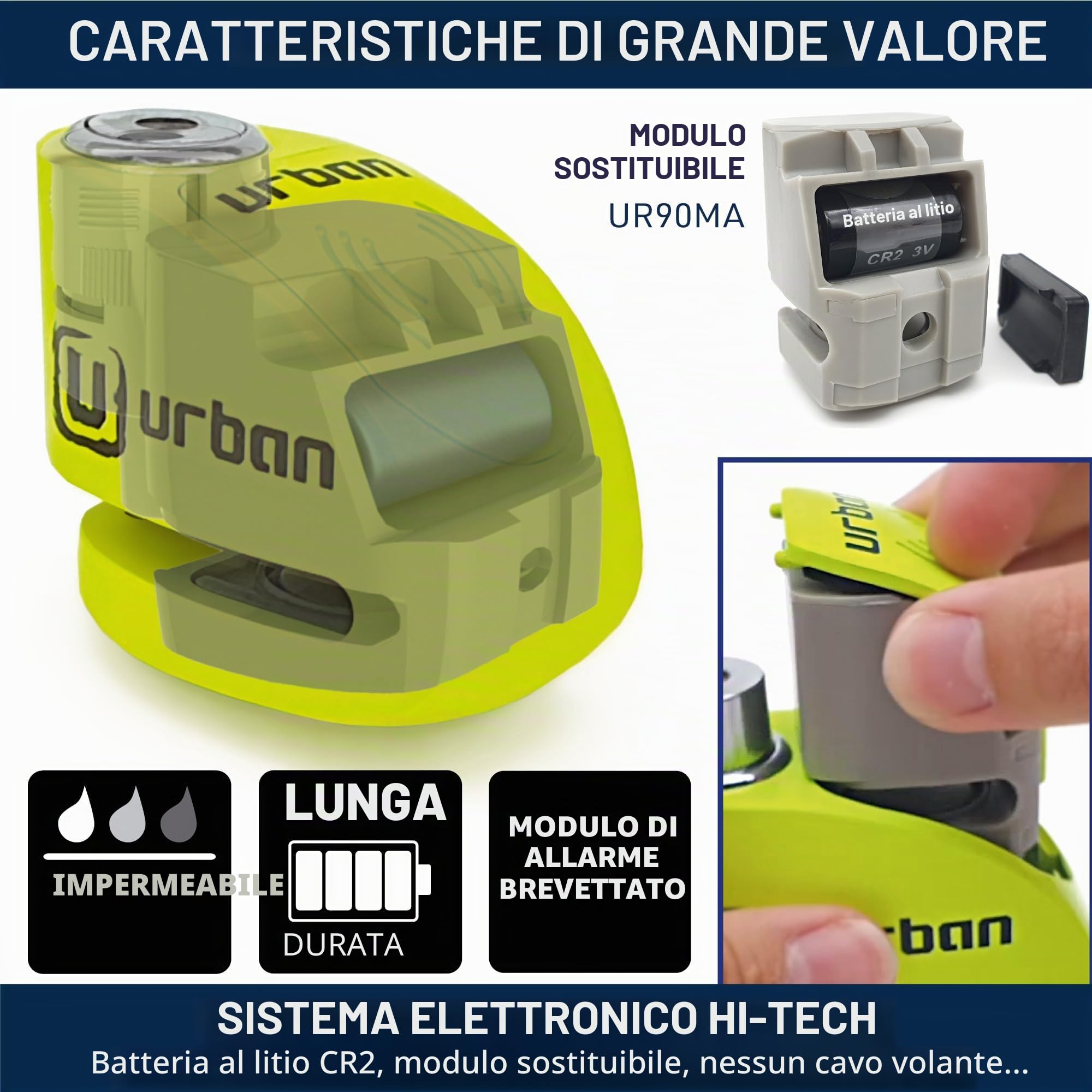 URBAN UR906X5L Bloccadisco Moto con Allarme e Cavo Antifurto 2m, 120dB X2-ON, Impermeabile, Batteria Lunga Durata, Lucchetto Blocca Disco Universale per Moto, Scooter, Bici, Monopattino Elettrico