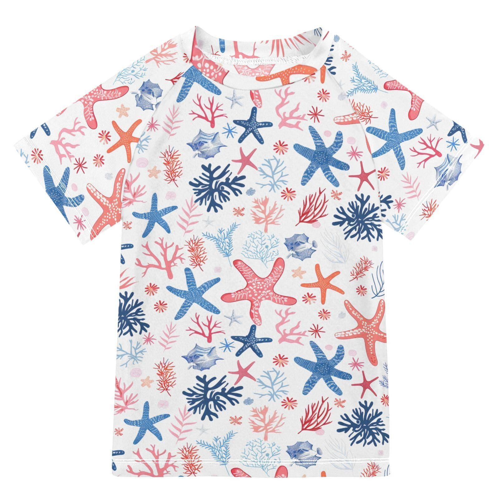 ALAZA Kids Rash Guard Boys Toddler Swim Shirts Short Sleeve Coral Starfish UPF 50+ 3T