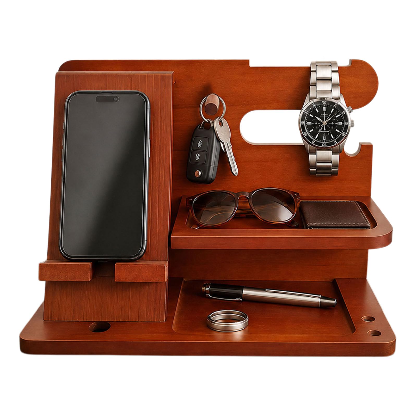 PSKJHN Solid Wood Phone Holder Stand, Men's Valet Tray Nightstand Organiser, Bedside Storage Holder for Watch, Keys, Wallet, Earbuds, Glasses, Rings And Everyday Essentials Brown,25 * 14 * 17cm