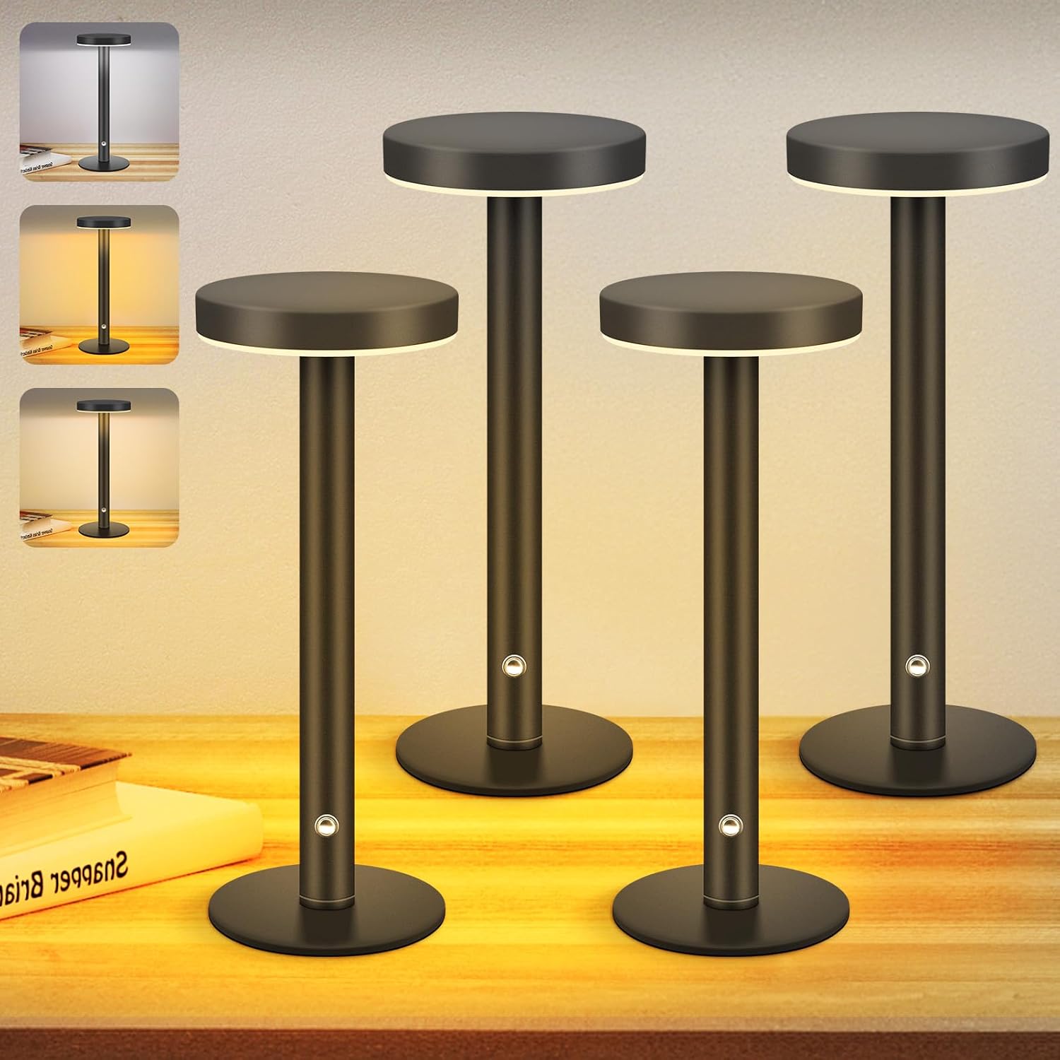 Cordless Table Lamp Set of 4-5000mAh Battery Operated, Portable & Rechargeable, Waterproof Metal Desk Lamp, 3 Color Dimmable Light for Restaurant/Bedroom/Bedside/Outdoor