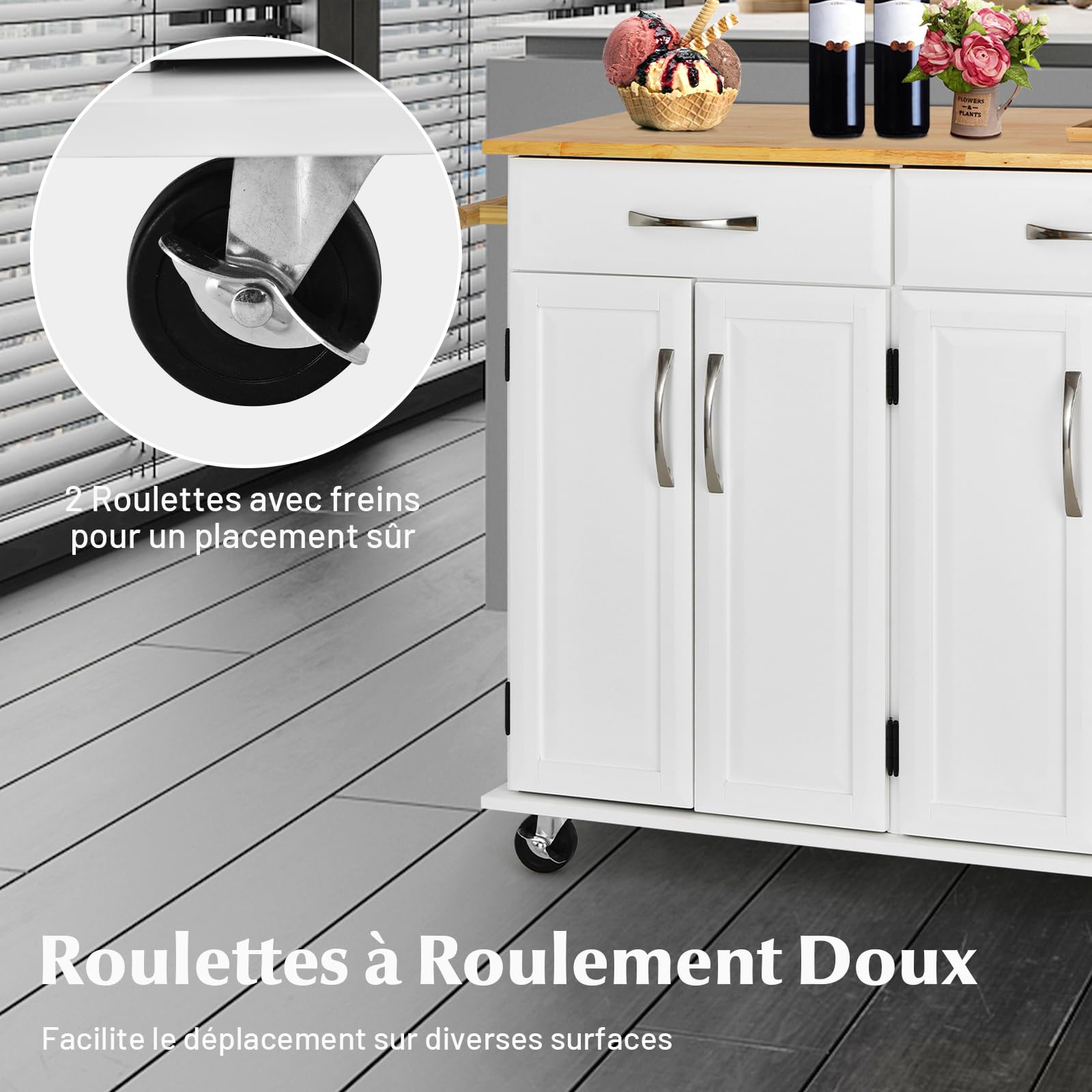 COSTWAY Desserte de Cuisine sur roulettes avec Comptoir en Bois D'hévéa, Chariot de Service à 4 Portes avec Étagères Réglables, 2 Grands Tiroirs, Porte-Serviettes, 48 x 122 x 93 cm, Blanc