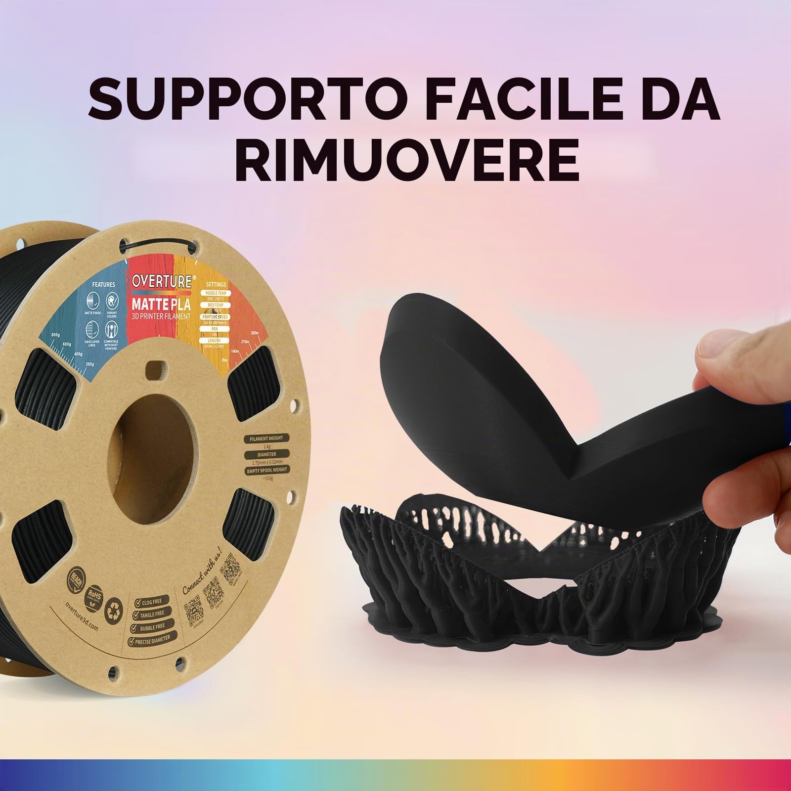 OVERTURE Matte PLA Filamento 1,75 mm Nero*4, 4kg Matt | Opaco PLA • Neatly Wound • Finitura Opaca • Profondo • Precisione Dimensionale±0,02 mm • per Stampante 3D FDM