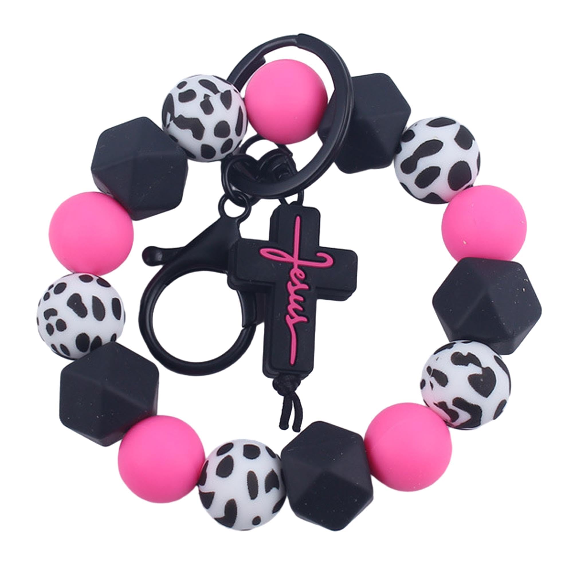 PhaminesSilicone Beads Wristlet Keychain, Bull Cross Pendant Beaded Wrist Bracelet Keyring Car Key Chain Women Accessories