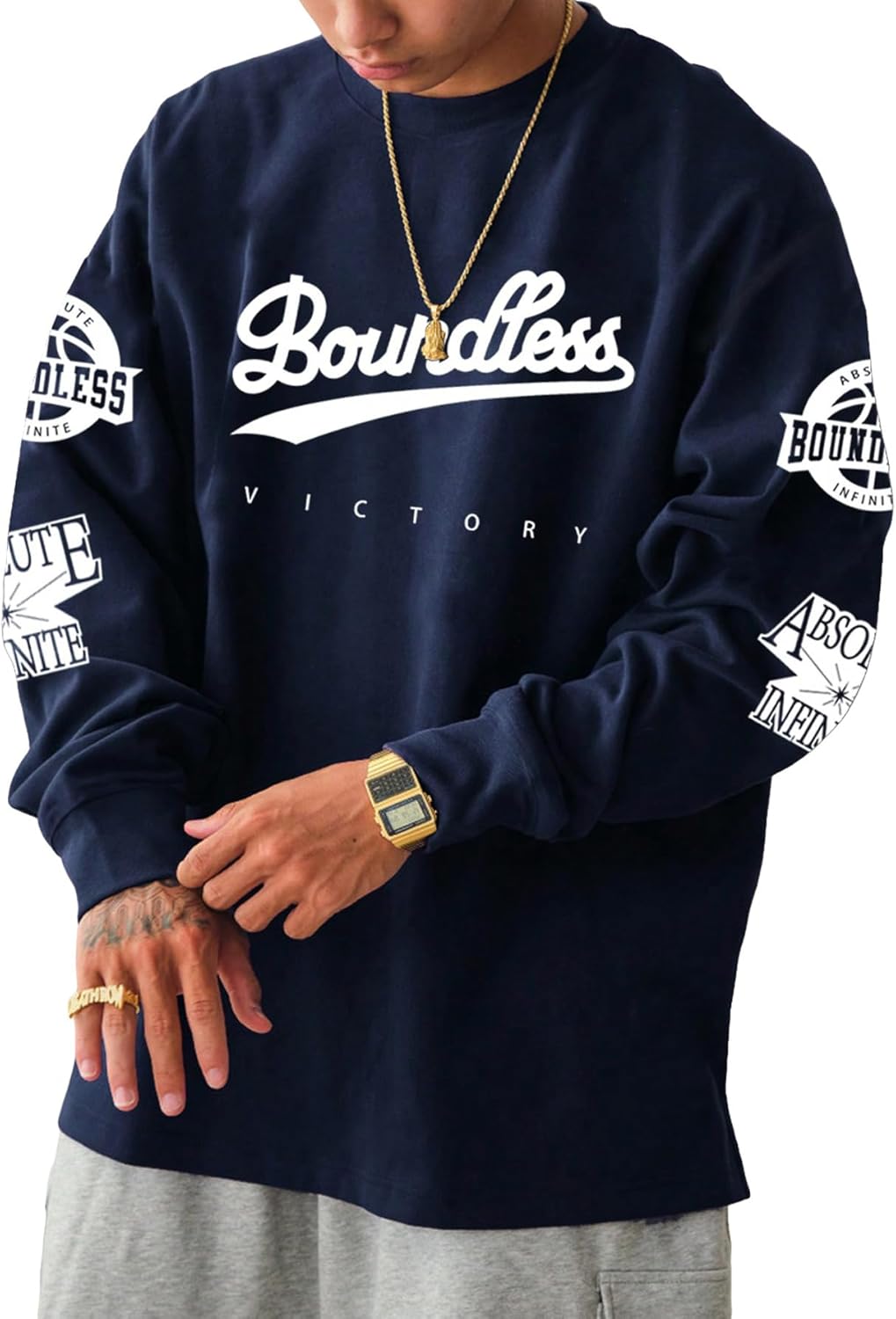 GORGLITTER Men's Loose Fit Letter Graphic Drop Shoulder T-Shirt Oversized Casual Long Sleeve Trendy Tee Tops