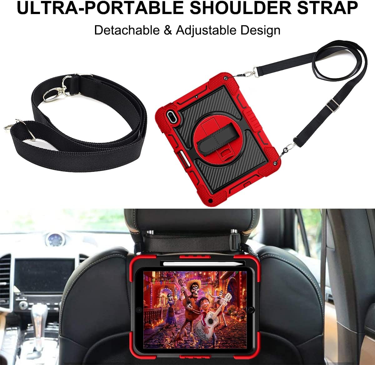 Shockproof Case for iPad (A16) 2025 11-inch, iPad 10th Gen 2022 Carrying Case with Hand Strap+Pencil Holder, Techcircle Heavy Duty Rotating Kickstand Rugged Protective Cover, Red