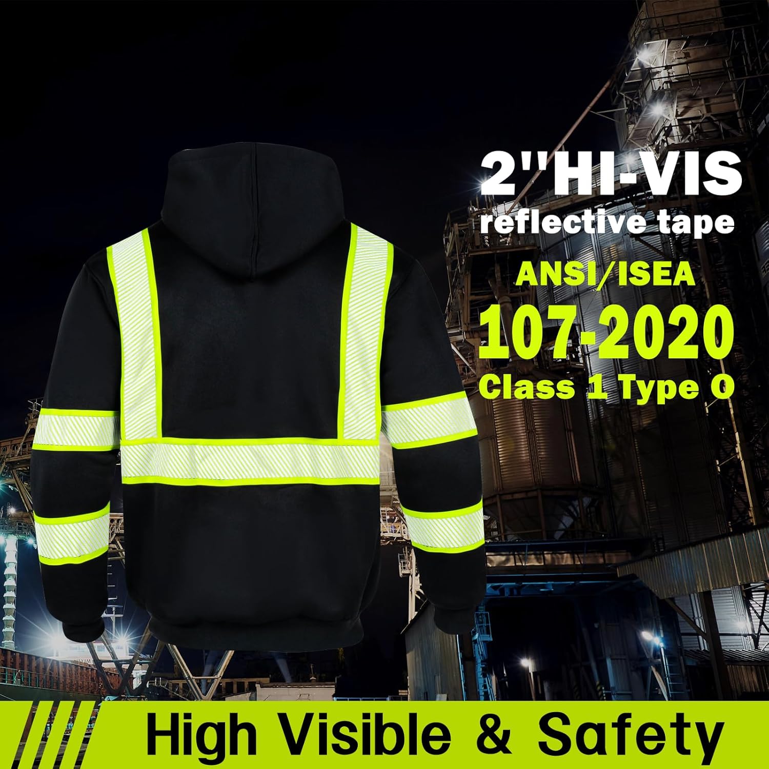 High Visibility Safety Jacket ANSI Class 3 Reflective Zipper Hooded Sweatshirt for Men Work Construction