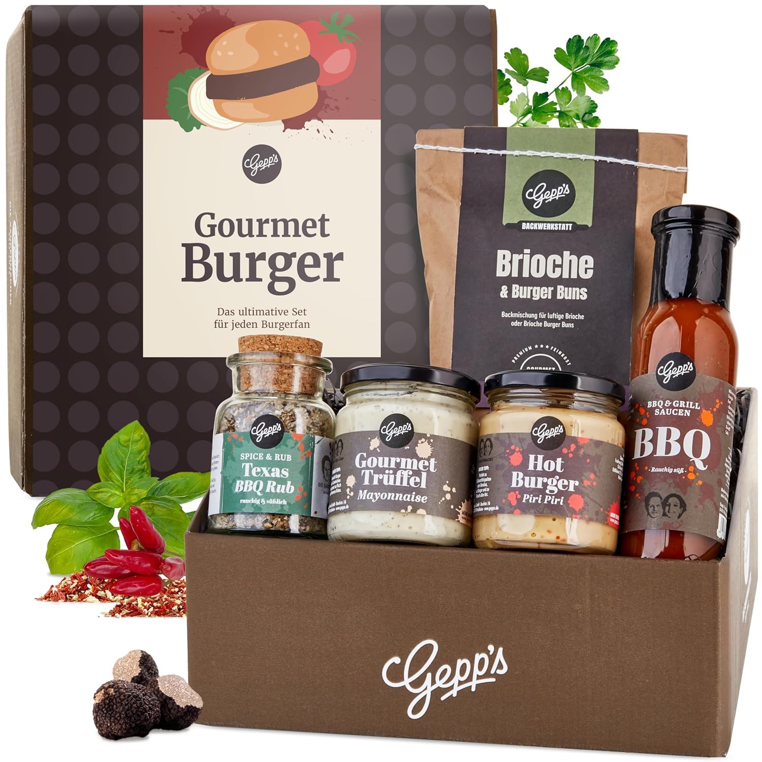 Gepp’s Feinkost Burgerbox Geschenkset mit Grill- und BBQ-Saucen, Texas BBQ Rub und Brioche