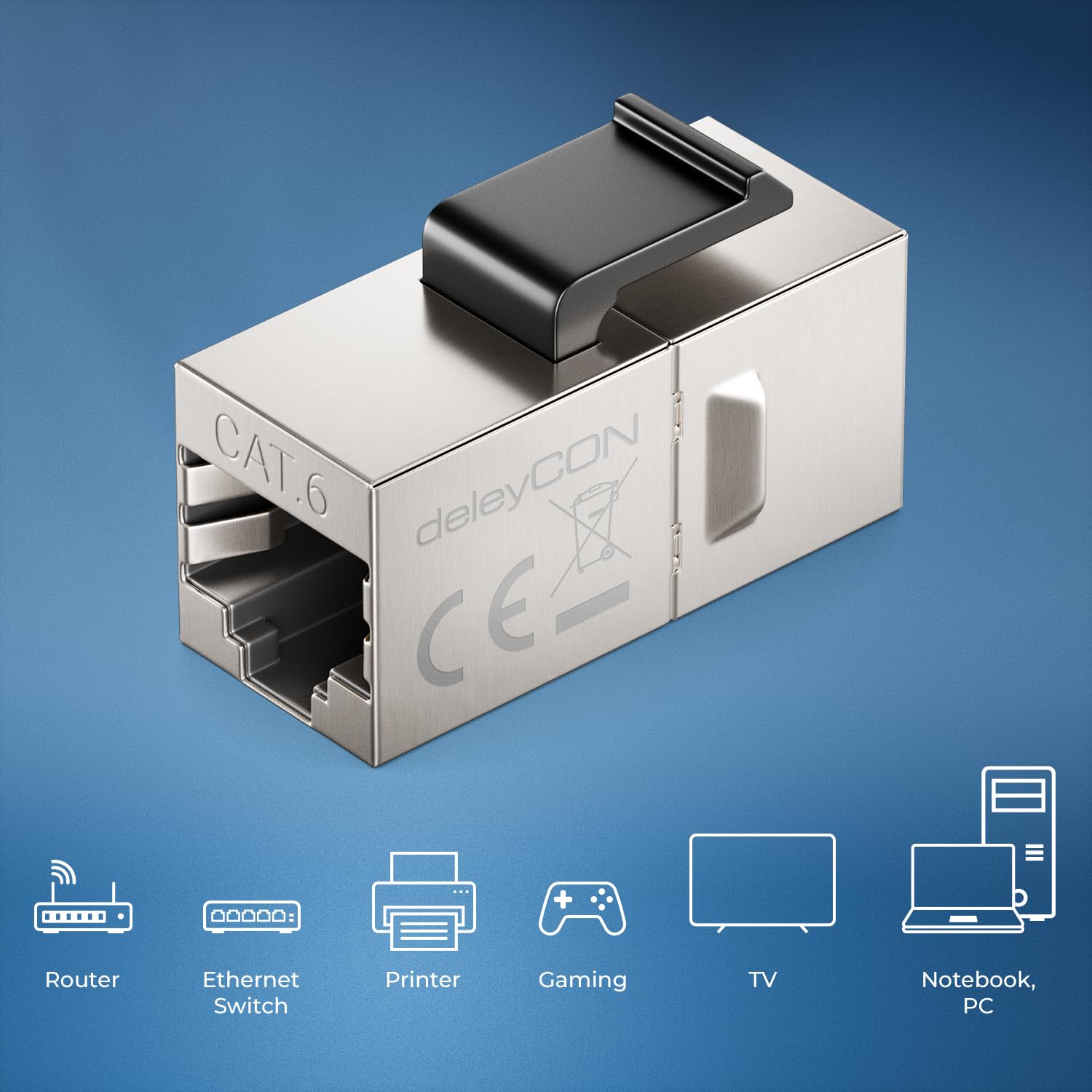 deleyCON Złączka Keystone RJ45 CAT6 (ZESTAW 8 Sztuk) - STP, Gniazdo na Gniazdo RJ45, 1 Gbit/s, 250 MHz, Złączka LAN 1:1, Niklowana Miedź - Srebro