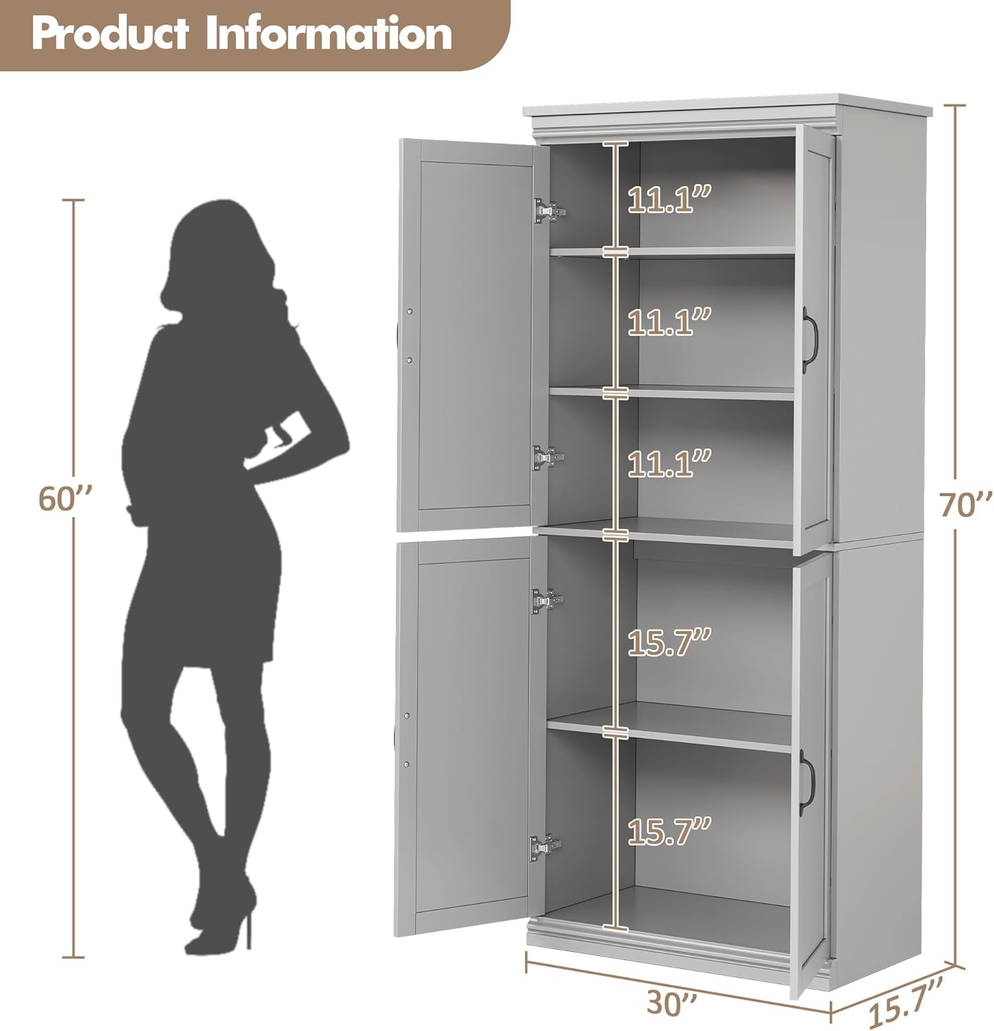 GarveeHome Pantry Cabinet, Freestanding Kitchen Pantry Storage Cabinet,70 in Cupboard, Tall Storage Cabinet with Doors and Adjustable Shelves, for Bathroom, Dining Room, Living Room, Gray