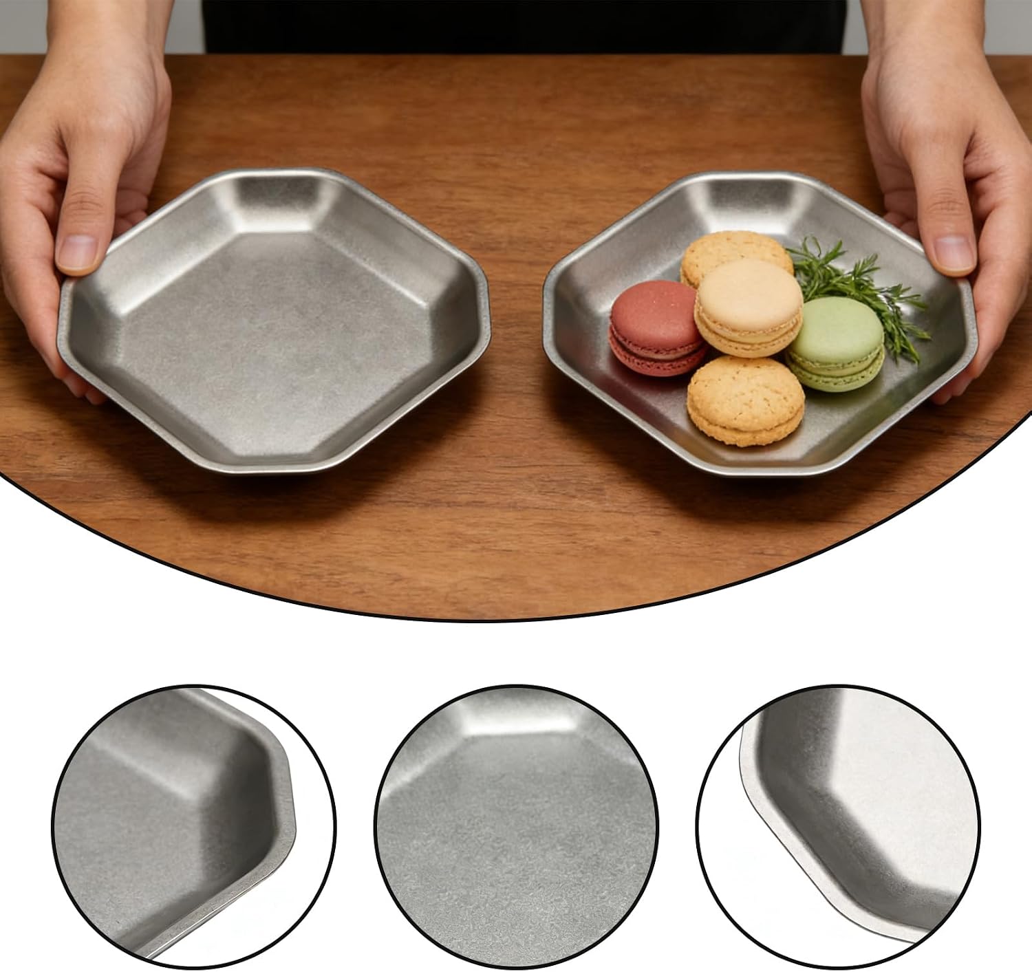 Stainless steel appetizer plates, thickened silver square platters 5.9x5.9 inches, for appetizers, sushi, desserts, fruits, and snack bites, 4-piece set
