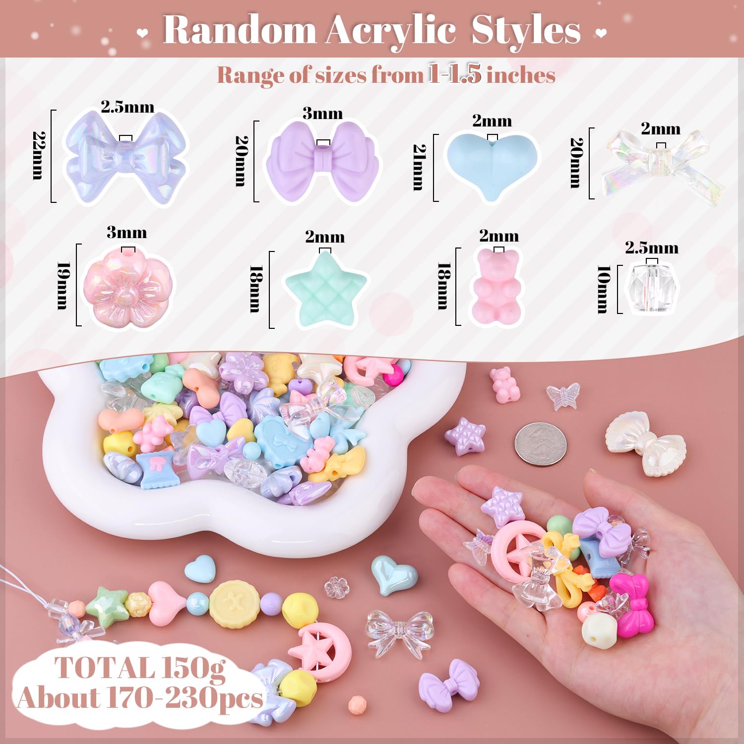 210-270PCS TINKRSTUFF Assorted Acrylic Beads for Bracelet Making, Cute Beads for Jewelry Making Flower Bow Butterfly Candy GummyBear Aesthetic Bracelet Charms, DIY Necklace Keychain Phone Charm: Macaroon Color