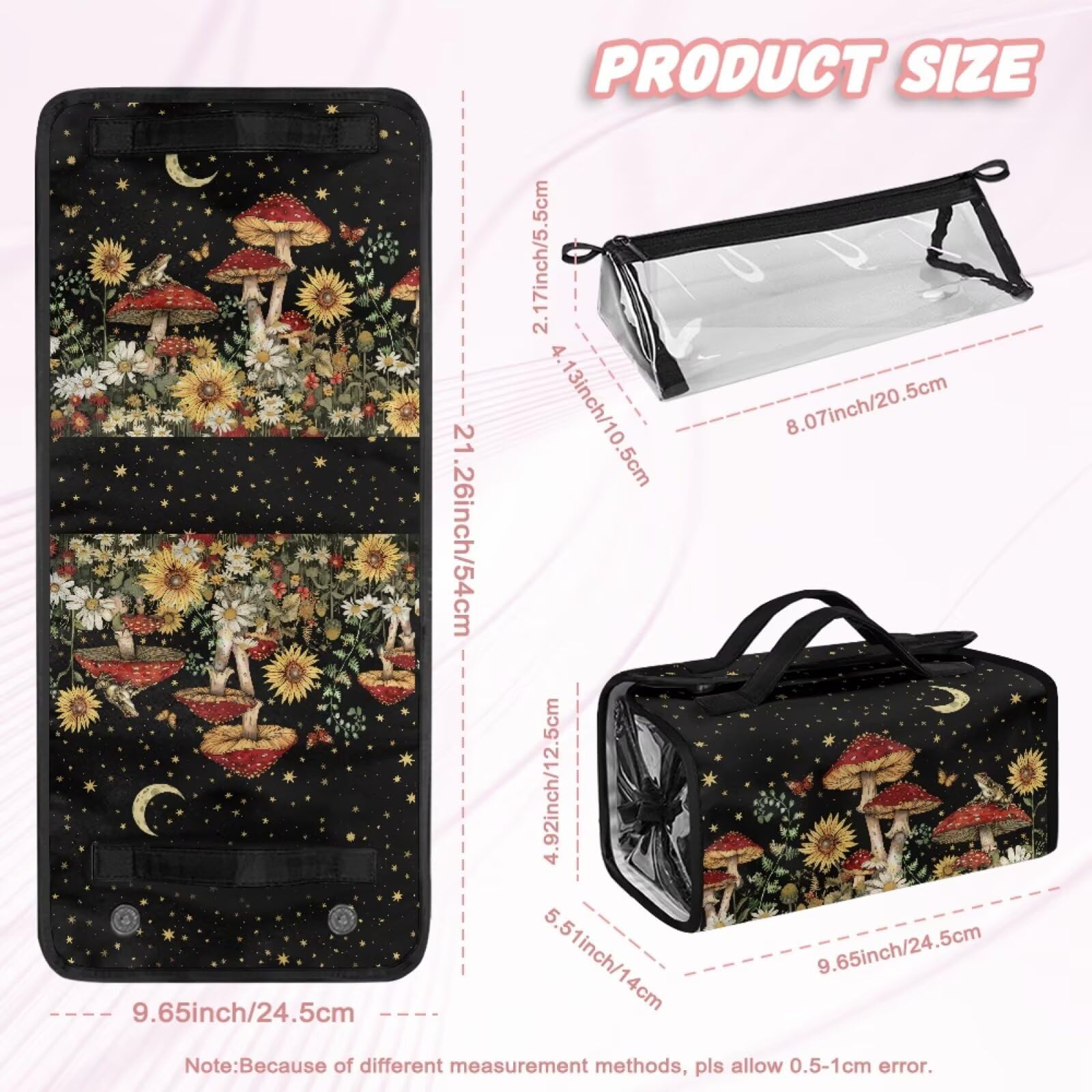 Dngkaoje Mushroom Hanging Roll Up Makeup Bags for Women Cute Toiletry Travel Bag Hanging Cosmetic Bag Wash Bag Large Capacity Toiletry Bags Mushroom Print Cosmetic Bags 4-in-1 Foldable Makeup Bag - Image 4