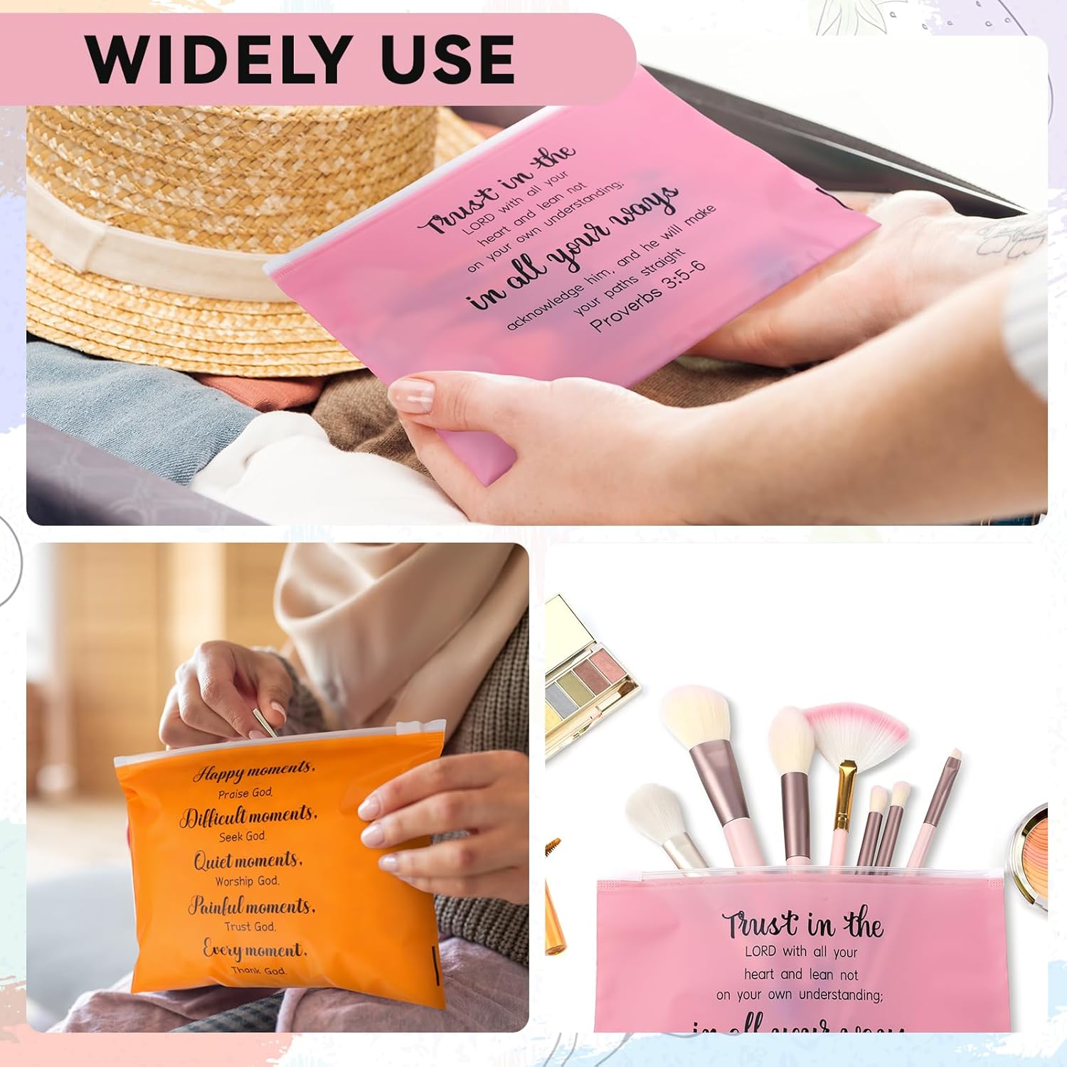 Kacctyen 100 Pcs Christian Gifts for Women Bulk Religious Bible Verse Makeup Cosmetic Bag Bulk Church Inspirational Gift Plastic Toiletry Bag Travel Purse for Mother's Day Teacher 8" x 6"