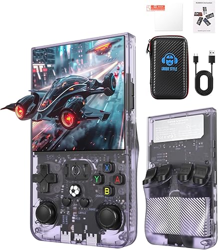 R36MAX - Consola de juegos de mano retro, 64 GB de almacenamiento, pantalla IPS HD de 4.0 pulgadas, batería de 4000 mAh, gris, videojuegos clásicos