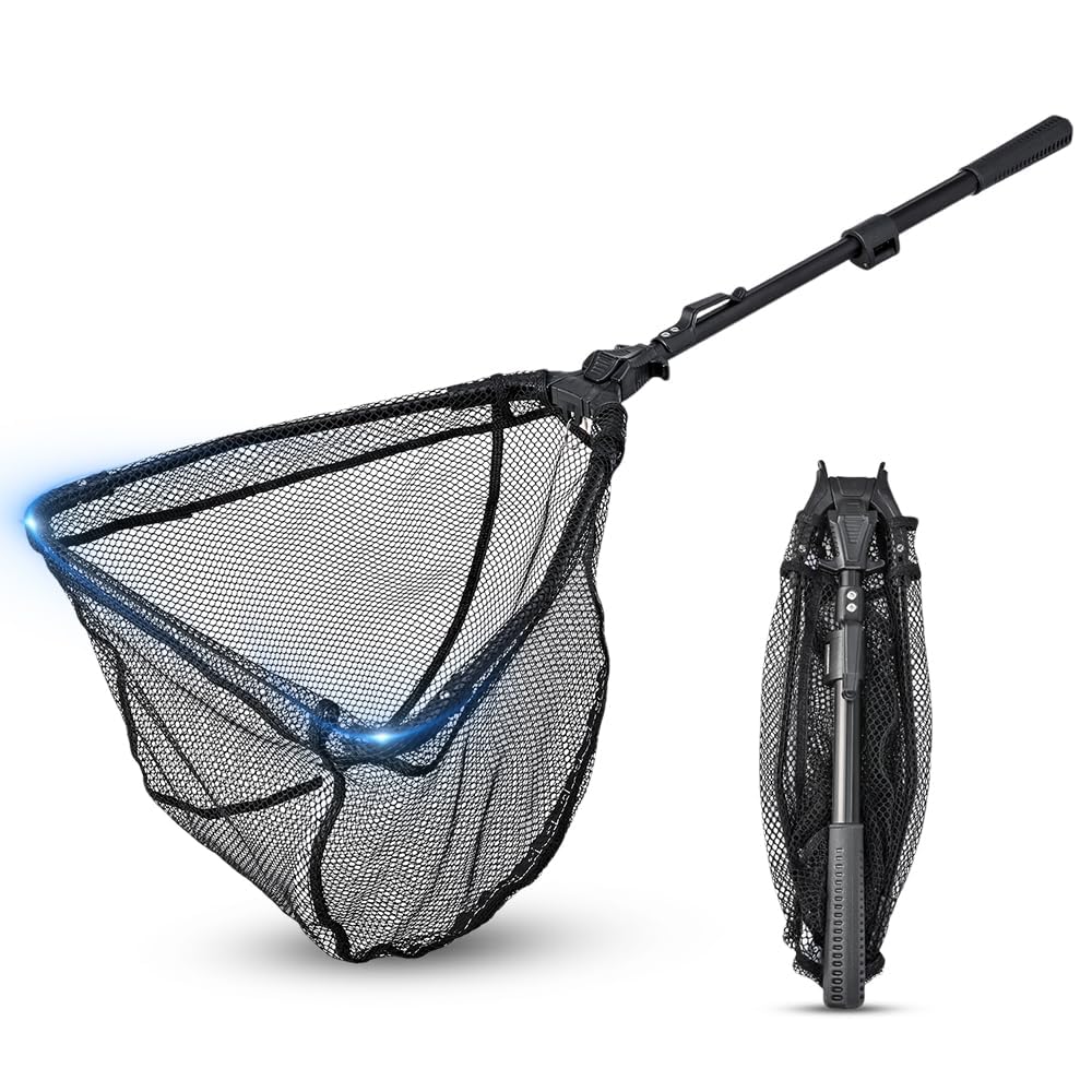 Épuisette Pêche Pliable, Caoutchouc Filet Téléscopique Landing Net Antirouille Alliage D'aluminium Nylon Filet de Pêche 95 cm avec Poignée, pour Etangs Truite Carpe Salmon Attraper et à Libérer