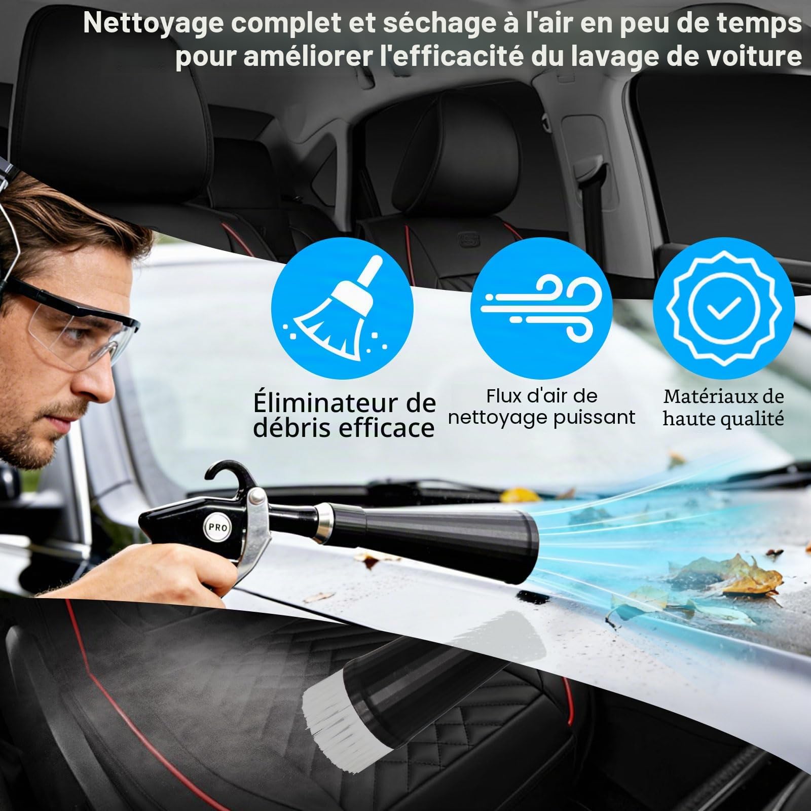 Pistolet de nettoyage de voiture,pistolet de nettoyage à air comprimé, pistolet à air sec,complet avec buse, serviette,brosse et adaptateur de raccordement,pour jantes,sièges,moteurs et autres zones