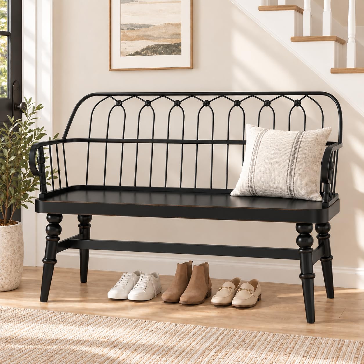 DIBRATY Entryway Bench, Spindle Back Wooden Dinning Bench, Farmhouse Foyer Bench