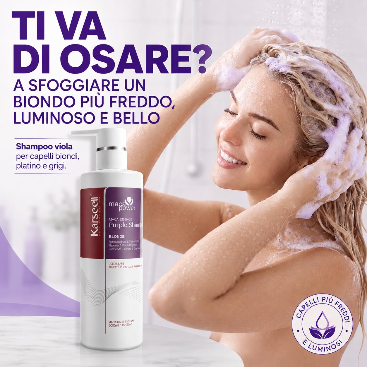 Karseell MACA CARE SYSTEM Set Professionale Antigiallo Maschera Viola 500ml Shampoo Viola 500ml Siero Olio di Argan 50ml per Capelli Biondi Platino e Grigi Idratante Riparatore Antifrizz