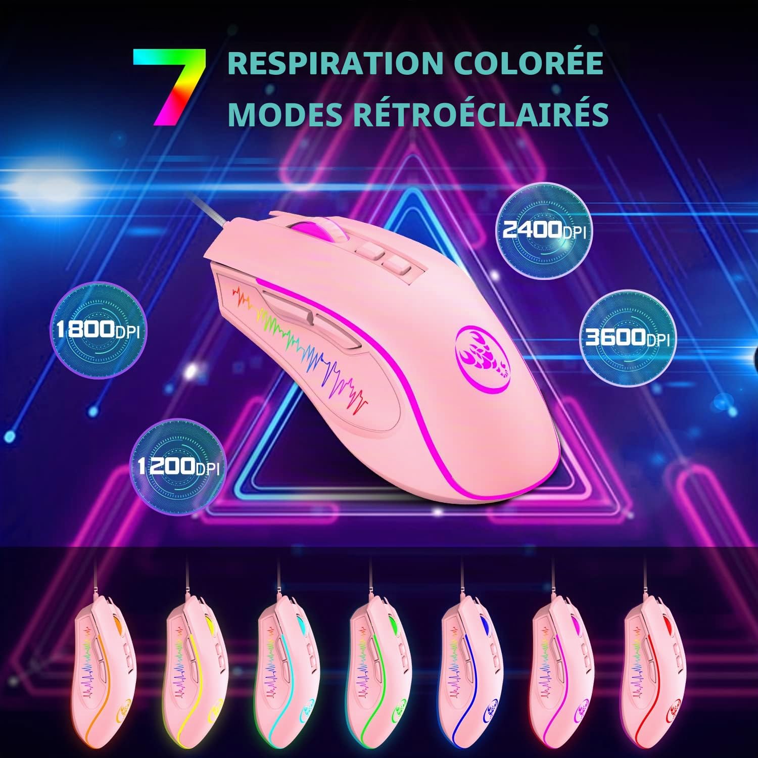 HXSJ V700 Ensemble Clavier et Souris de Jeu,Clavier de Jeu 60%,Disposition Compacte 61 Touches,Rétroéclairage RVB,Souris à Capteur Optique avec Lumière LED Colorée,Jusqu'à 3600 DPI,pour PC,Mac-Rose