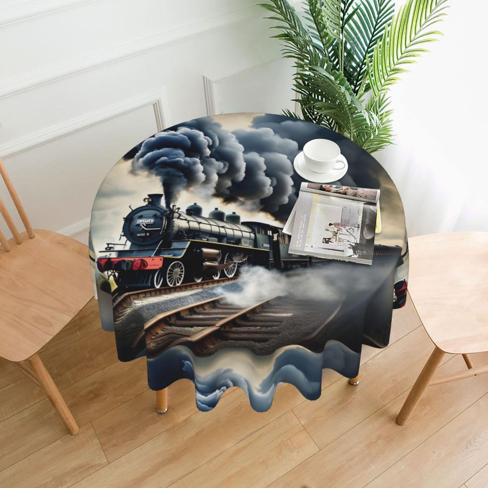 Nbtghga Steam Train Clouds Print Tablecloth Round Border Table Cloth Cover Decorative For Party Holiday Dinning Tabletop Home