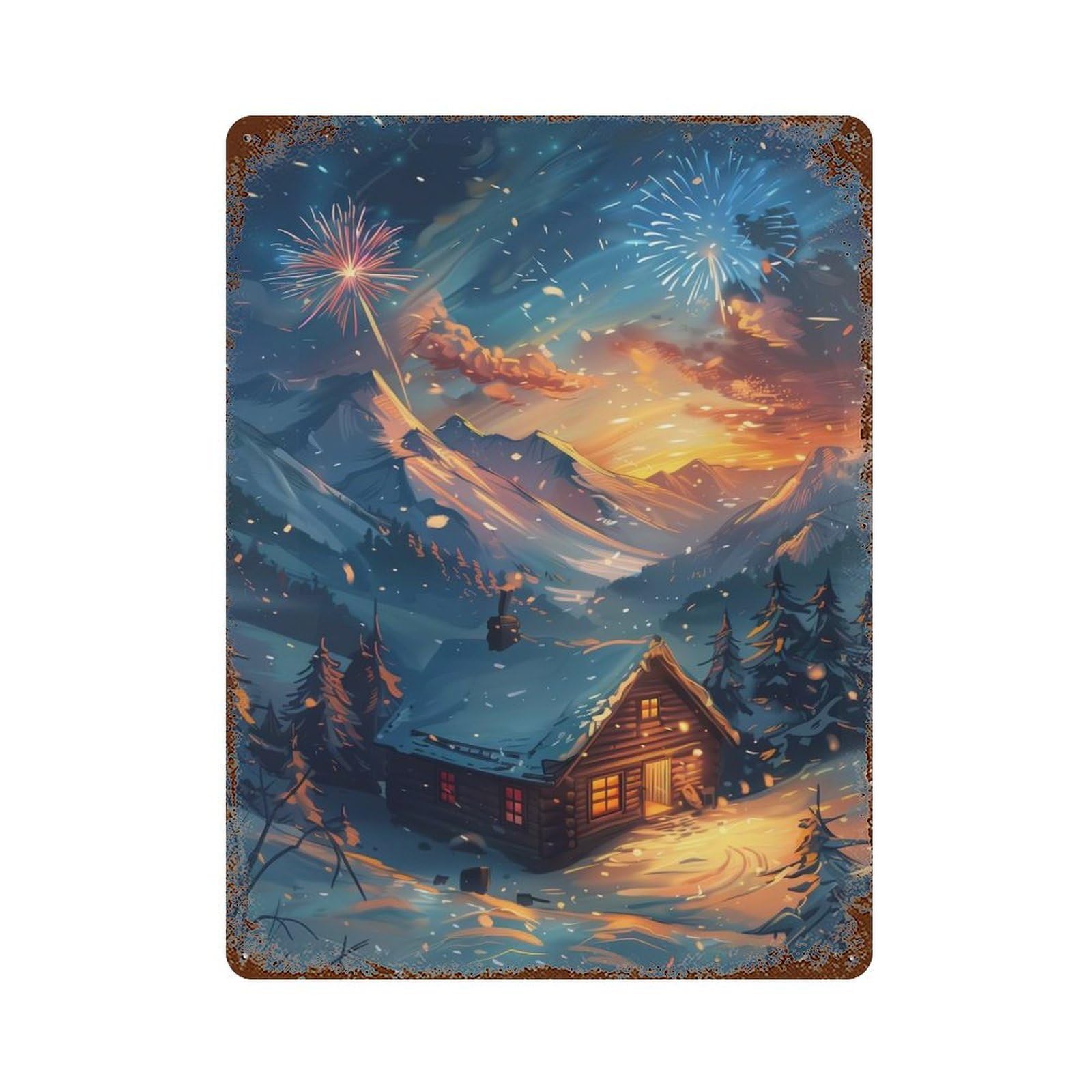 Rust Effect Cozy Cabin in Snowy Mountains Distressed Metal Wall Sign 15.7"x11.8", Decorative Metal Wall Art for Living Room, Hallway And Home Decor