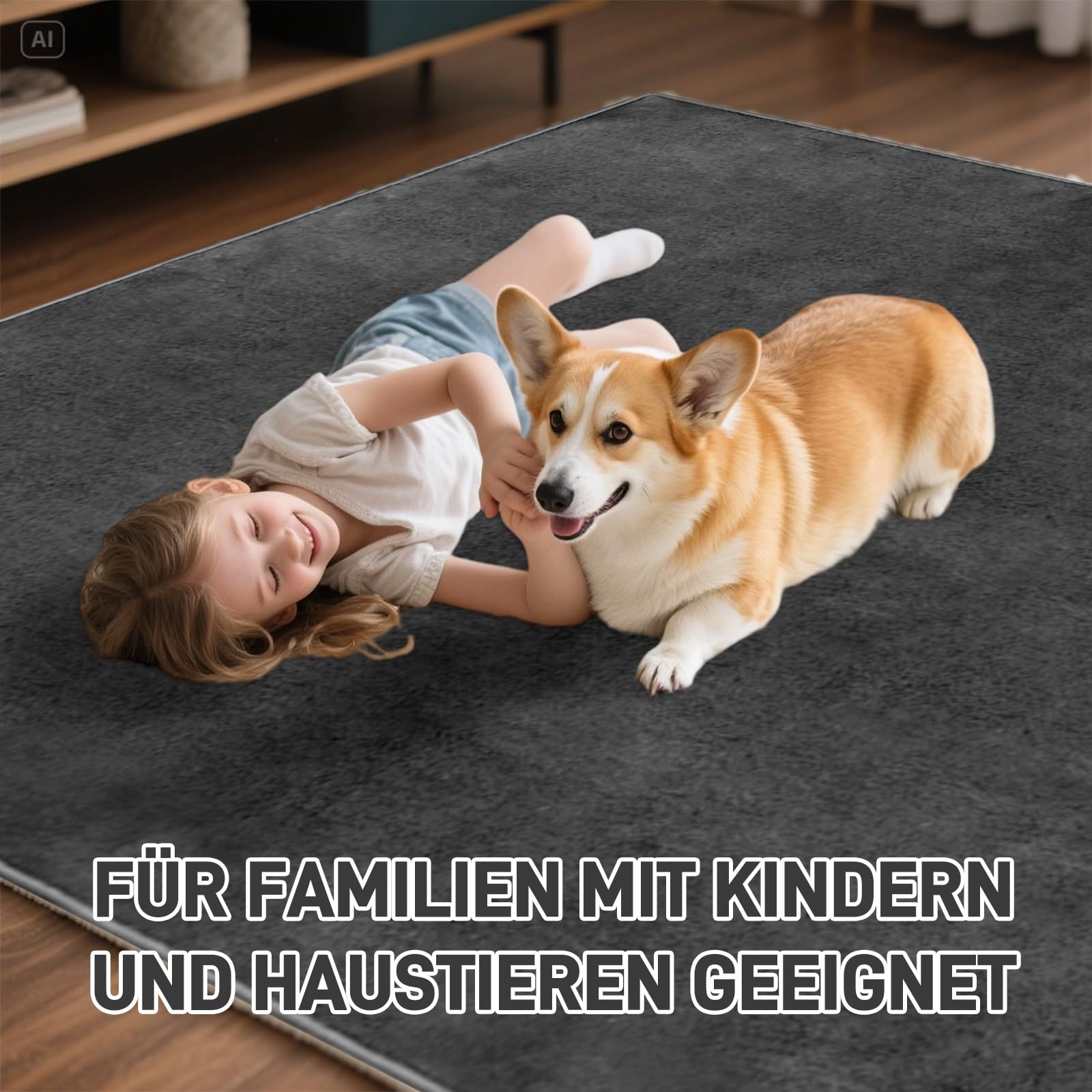 Flacher Kurzflor Teppich Anthrazit 240x340 (ca. 0,5 cm) – Waschbar & rutschfest mit TPE – Leicht, weich & ideal für Saugroboter & Alltag
