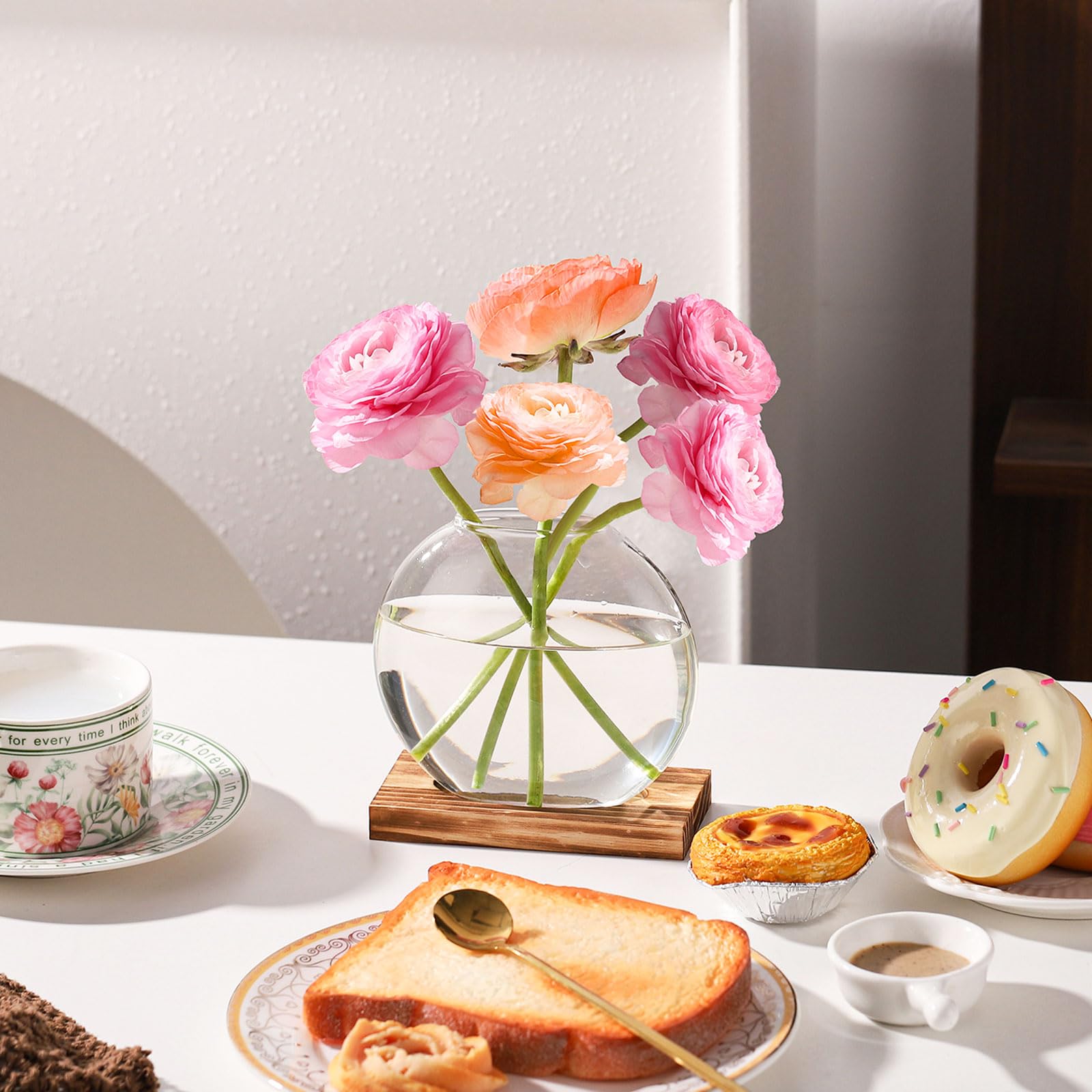 Pflanzen-Anzuchtstation mit Holzsockel, Glasterrarien für Zimmerpflanzen, dekorative runde Vasen für Blumen, Hydrokultur-Pflanzgefäß für Zuhause, Büro, Dekoration, 4 Stück