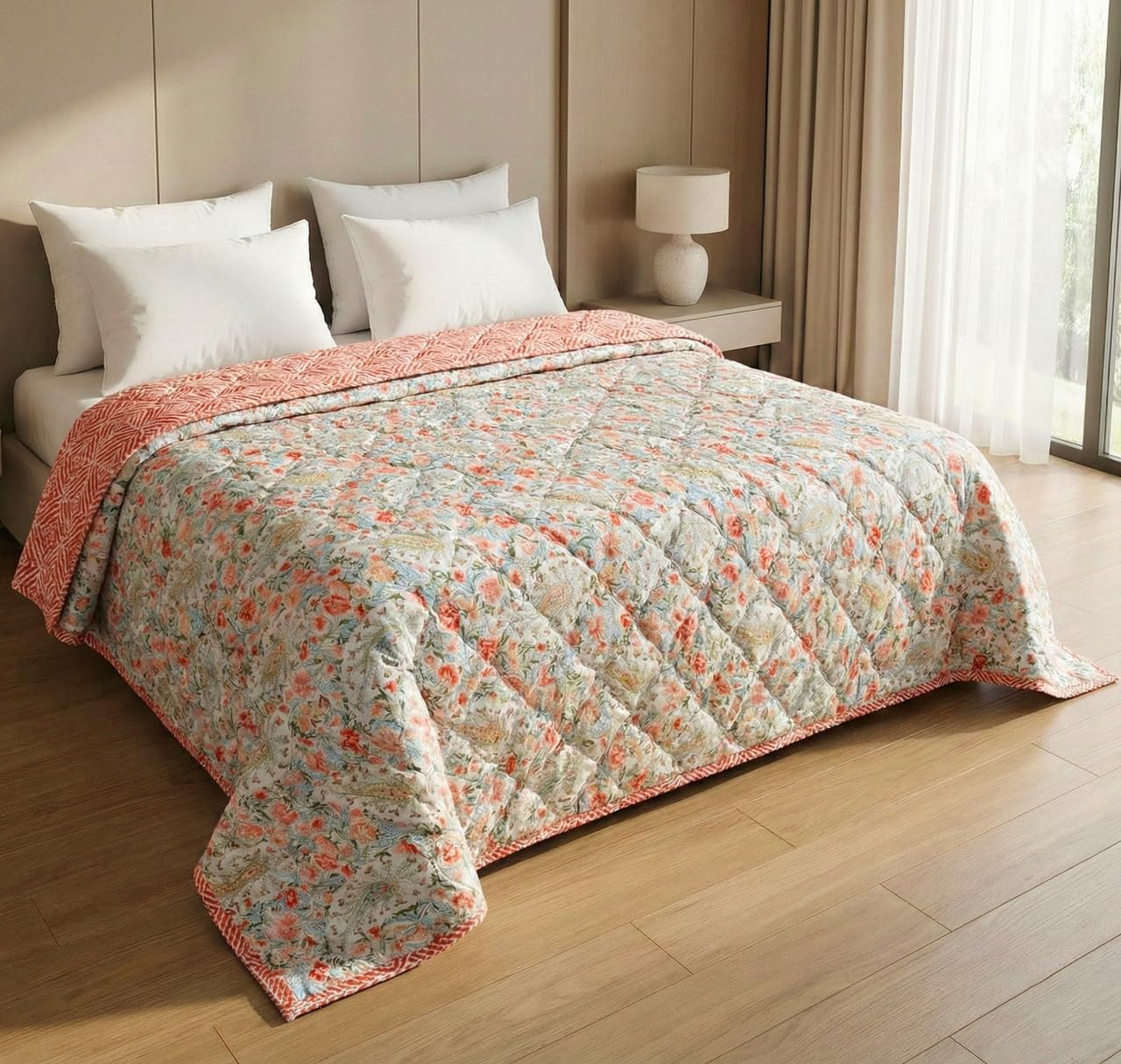 Ultrasonic Quilted AC Comforter 220 GSM (1500g) Premium Microfiber Reversible All-Season Blanket for Double Bed|Ultra Soft, & Lightweight, Quilt/Duvet | Comforter (Red & Green, 225CMx220CM)-image-26