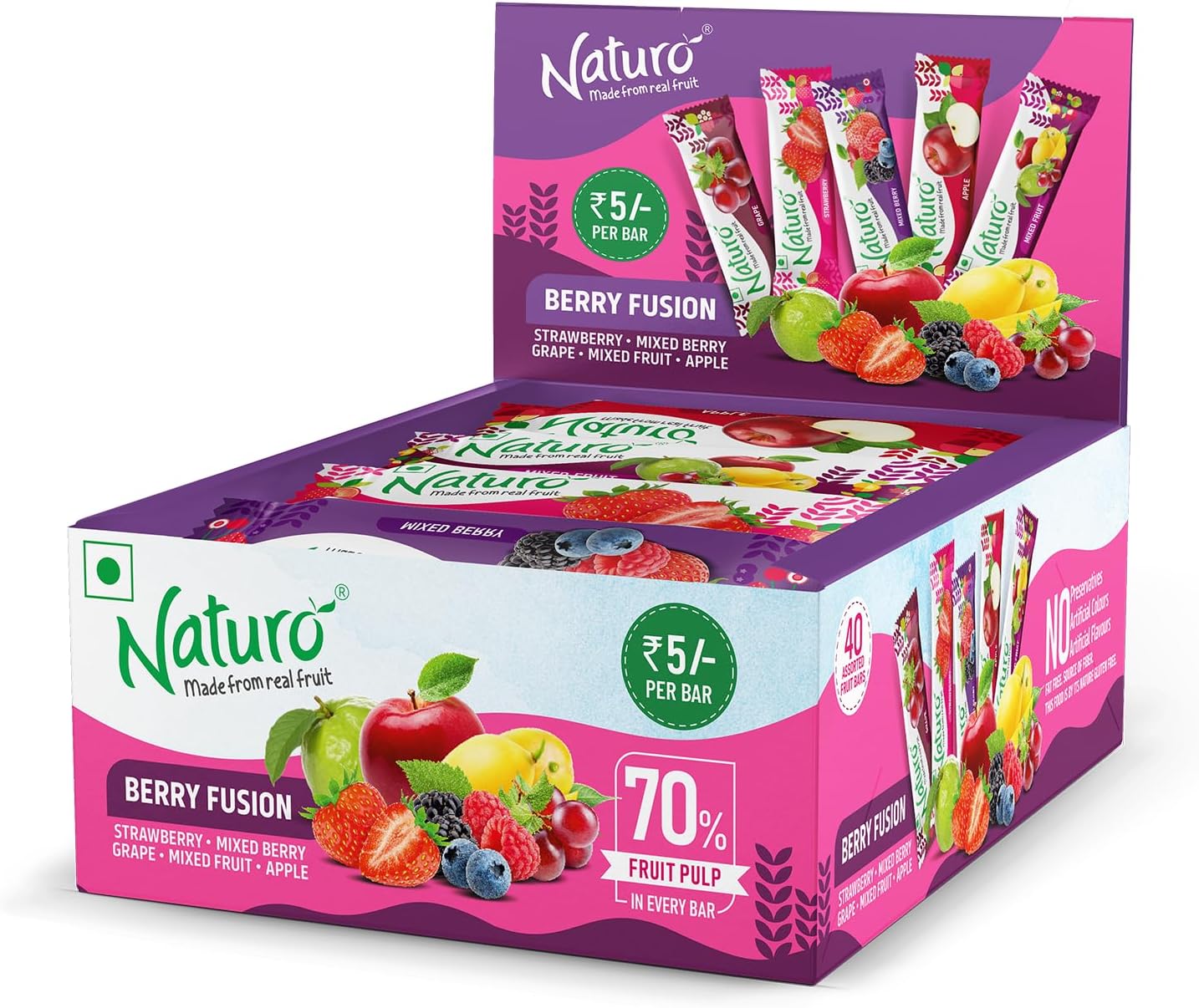 Naturo Berry Fusion Fruit Bars – 40 Pack Dispenser | Healthy Back to School Snacks | Real Fruit Snack Bars for Kids & Adults | Gluten-Free & Vegan