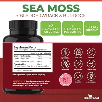 ForestLeaf Organic Irish Sea Moss Capsules | 2100mg Raw Seamoss Pills Advanced Supplement Superfood + Burdock, Bladderwrack for Digestive, Respiratory, Immune Health | 90 Vegan Organic Sea Moss Caps