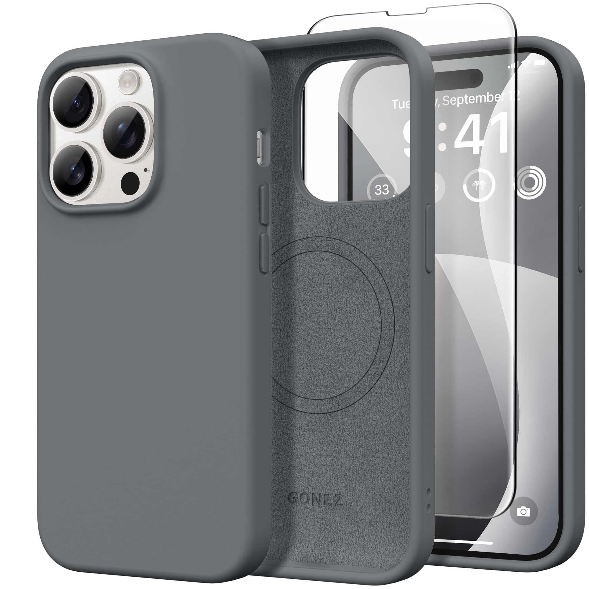 GONEZ Magnetic for iPhone 14 Pro Case, Silicone Cover Dark Grey
