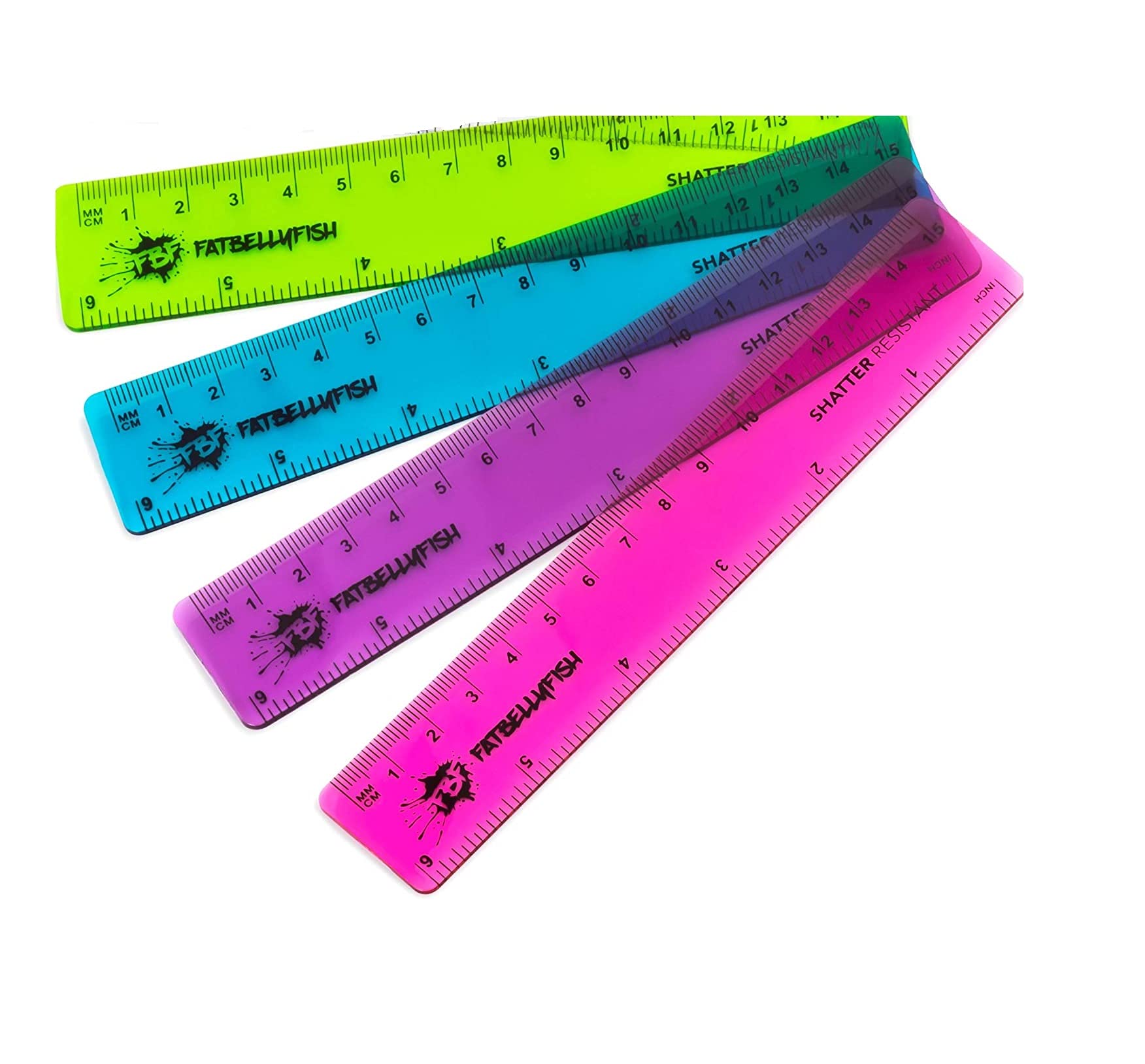 Fat Belly Fish - 6 Inch / 15cm Transparent Coloured Rulers - Shatter Resistant - Pack of 4 - Mixed