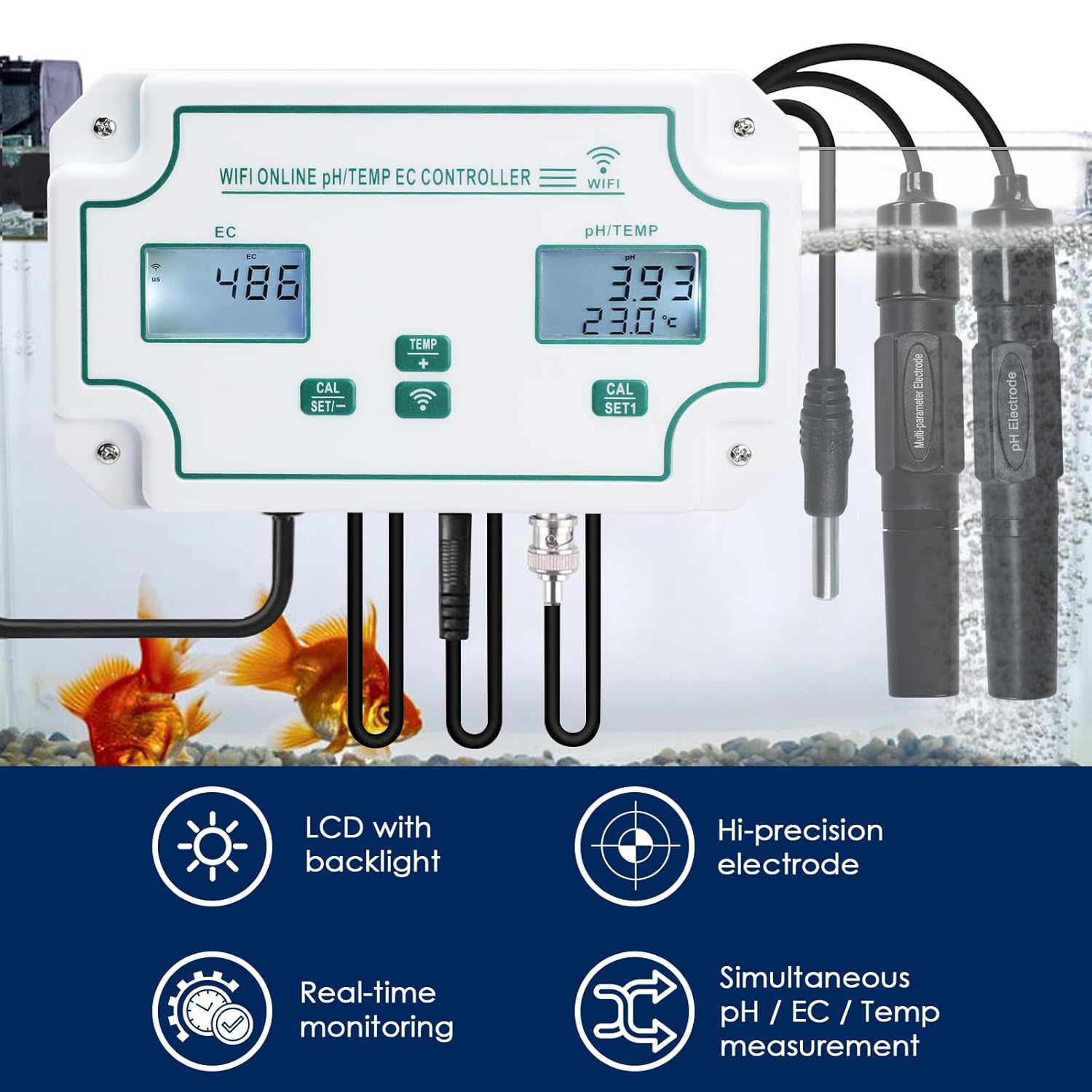 Smart 3-in-1 pH, EC & Temperature Water Quality Monitor with App Control – Continuous Online Tester for Hydroponics, Aquariums, Pools, Labs & Aquaculture