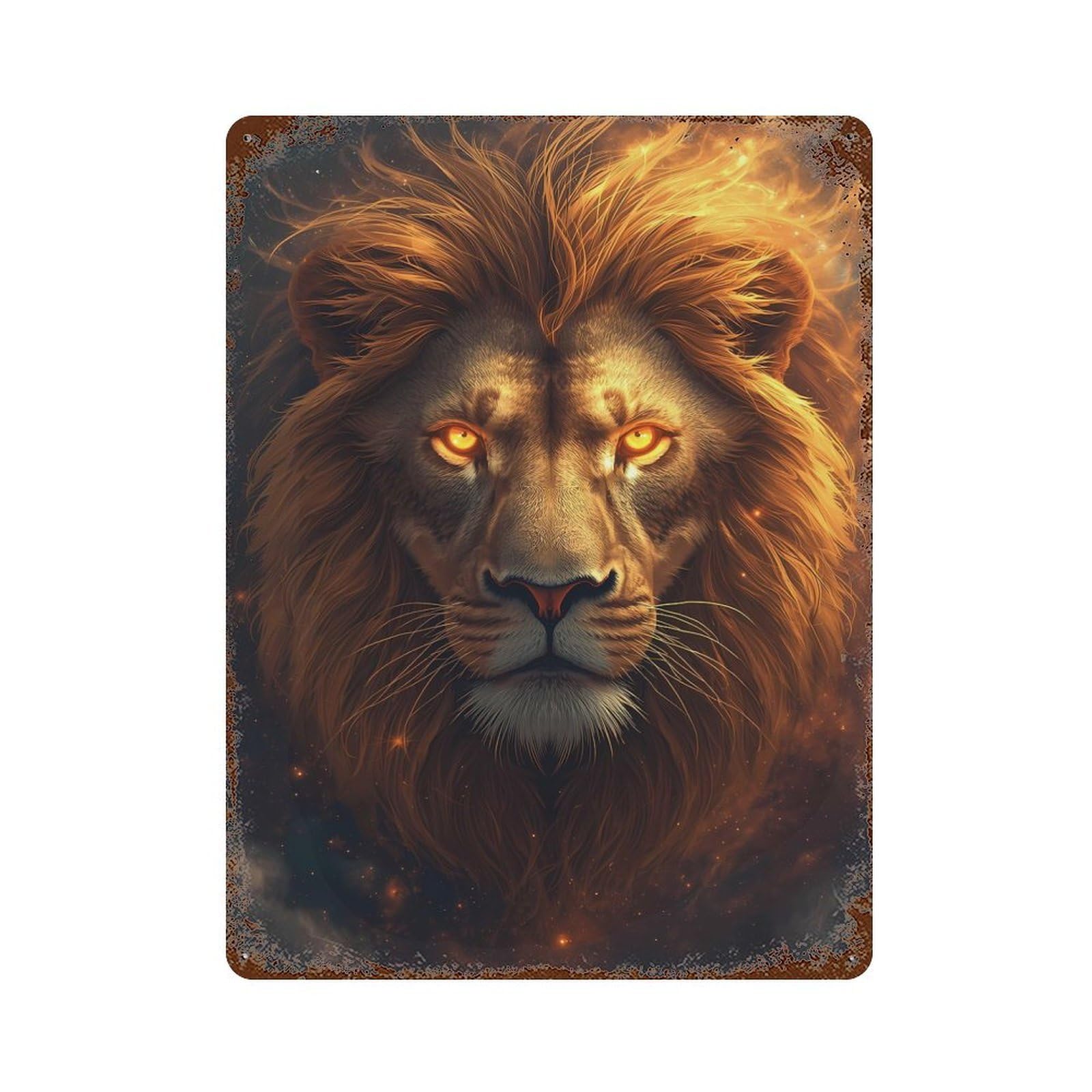 Decorative Tin Sign Fiery Lion Portrait 15.7"x11.8", Vintage Wall Decor for Pub, Kitchen And Man Cave Decor