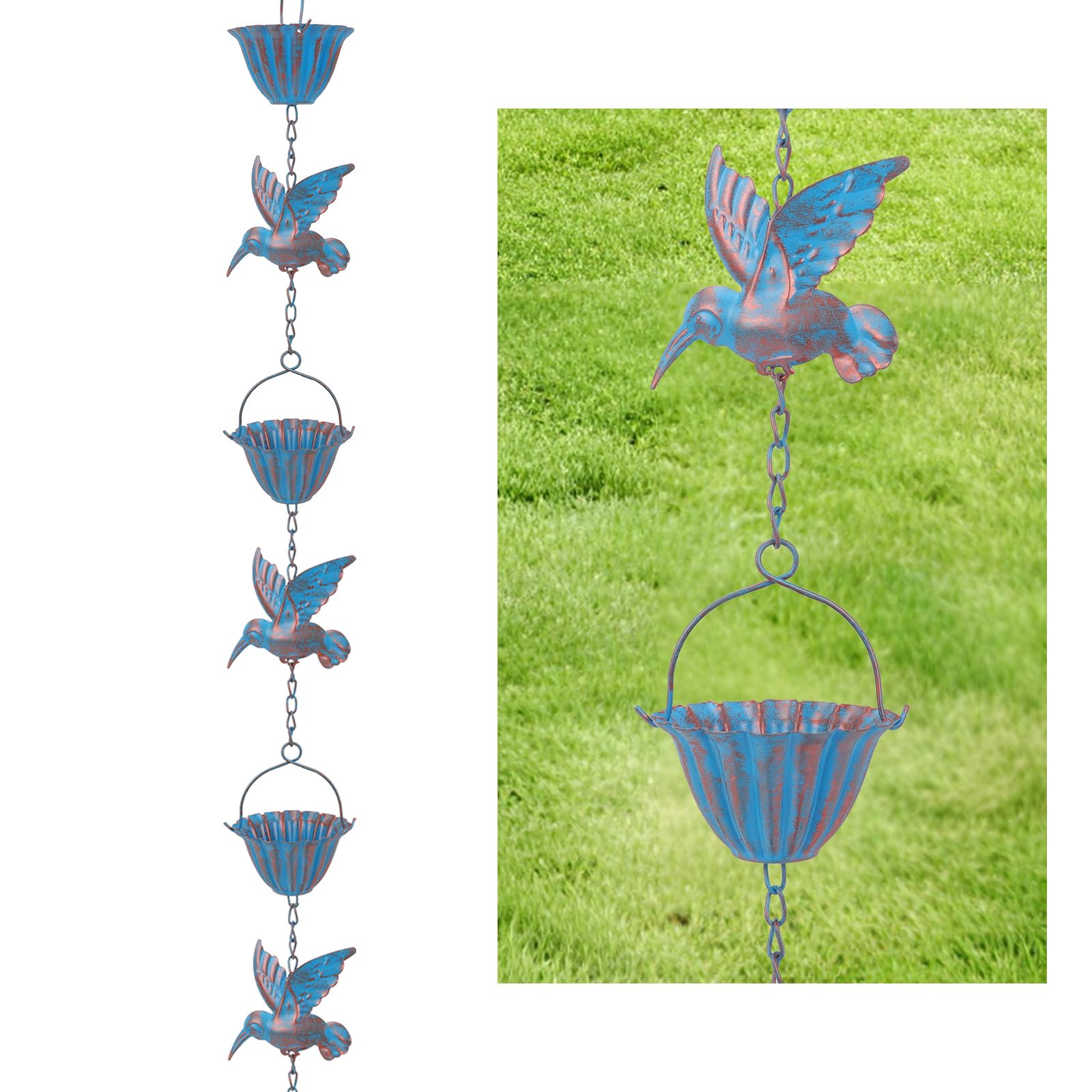 Tefola Chaîne de pluie de 2,4 m avec colibris – Chaîne d'évacuation des eaux pluviales en métal bleu rétro, 7 oiseaux et 7 coupelles pour gouttières, décoration de jardin et de maison