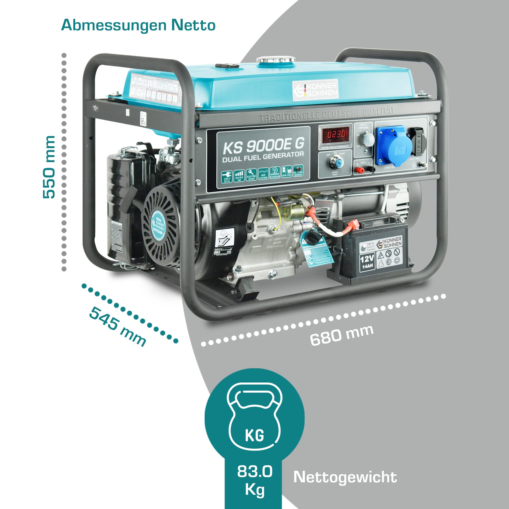 K&S Könner&Söhner KS 9000E G - Generador de gasolina (6500 W, toma manual y eléctrica, 1 x 16 A, 1 x 32 (230 V), 12 V con AVR, generador de corriente con protección contra cortocircuitos