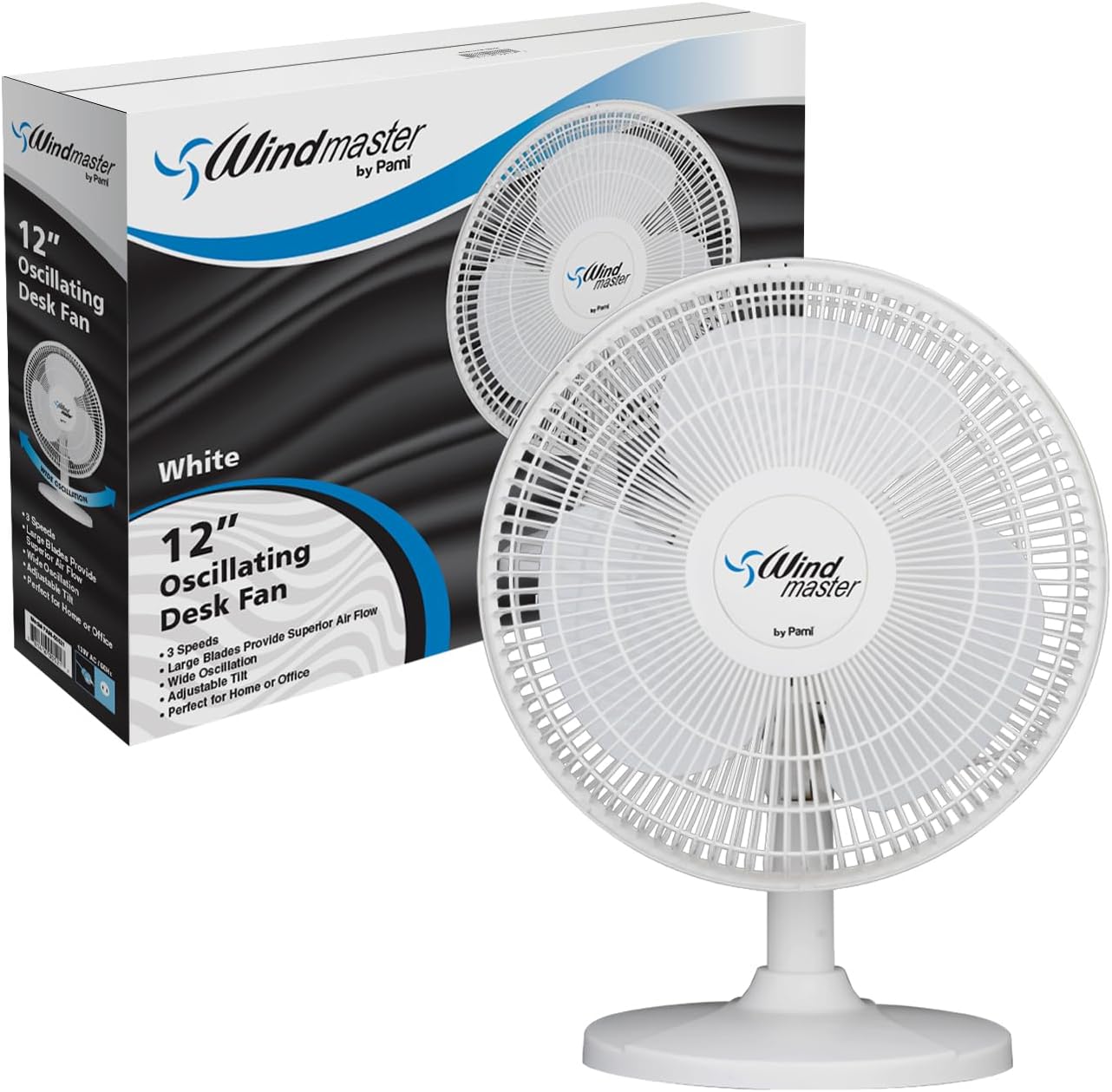 PAMI Oscillating Desk Fan - Portable Table Top Fan With 3 Speed Levels, Large Blades & Adjustable Tilt- Max Air Flow Office Desk Fan- Electric Cooling Fan For Bedroom Home Dorm Office (Black, 16'')