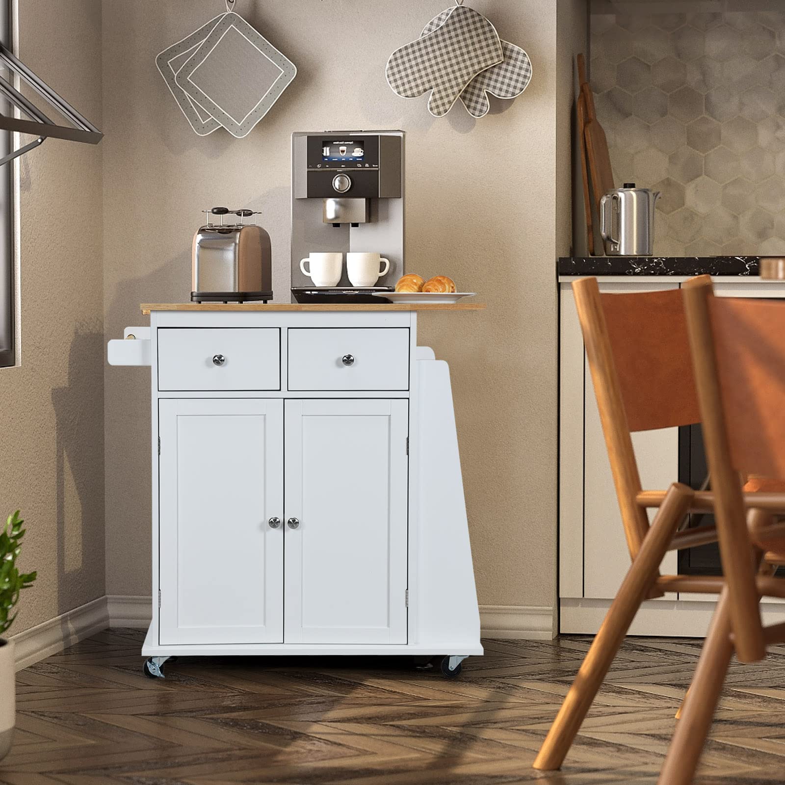 COSTWAY Carrello di Servizio Cucina con Ruote, 2 Cassetti e Portaspezie, Portasciugamani e 2 Porte, Ideale per Casa Ristorante e Bar, MDF + legno di gomma 88x45x89,5 cm (Bianco)
