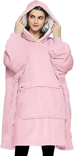 KFUBUO Manta con capucha para adultos, sudadera con capucha de sherpa de gran tamaño con bolsillos, regalos de cumpleaños para mujer, color rosa