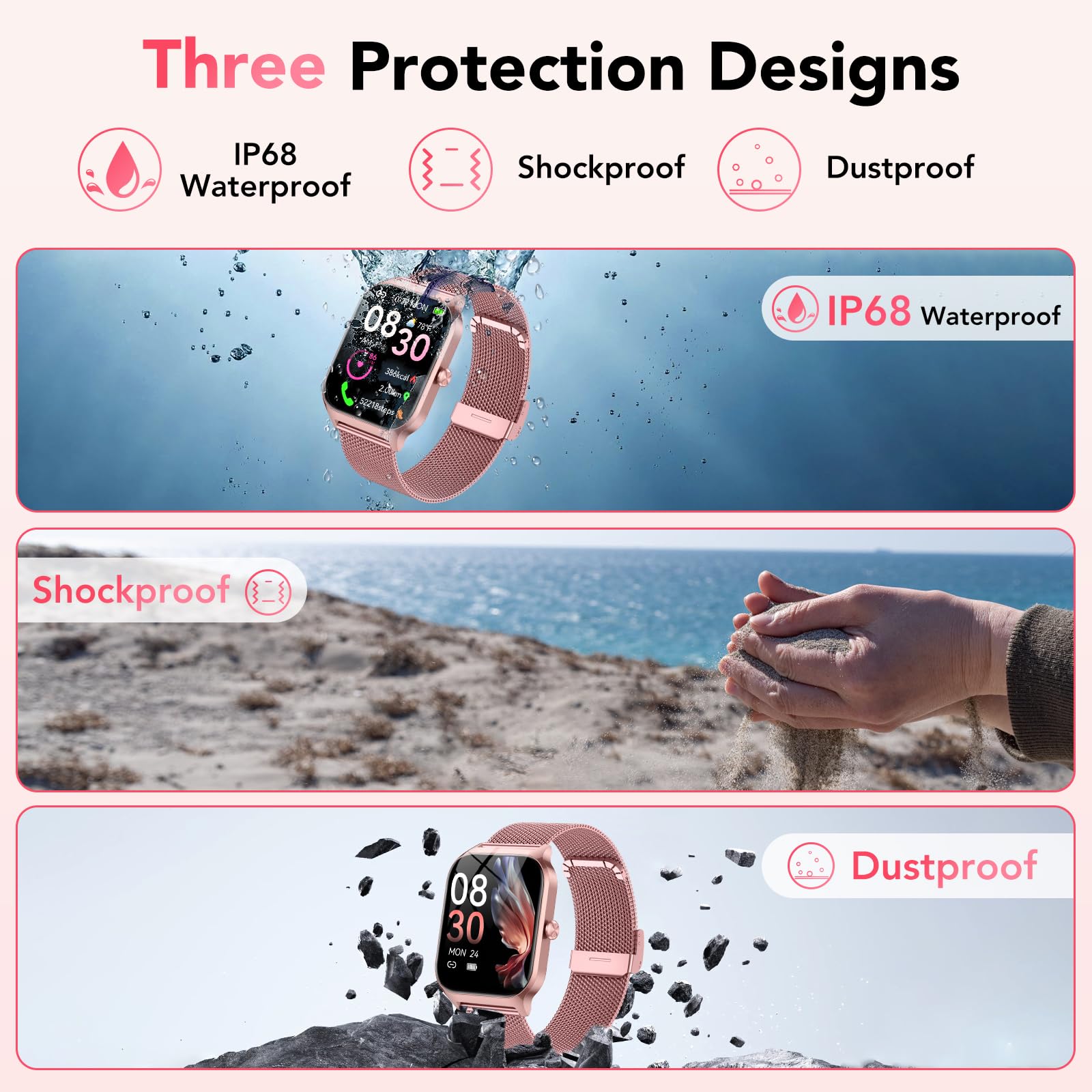 Montre Connectée Femme avec Appel Bluetooth,1.85"HD Smartwatch Femme avec Fréquence Cardiaque/Sommeil/SpO2, 120+ Modes Sportifs, IP68 Étanche Fitness Tracker, Montre pour Android iOS Rose Pêche