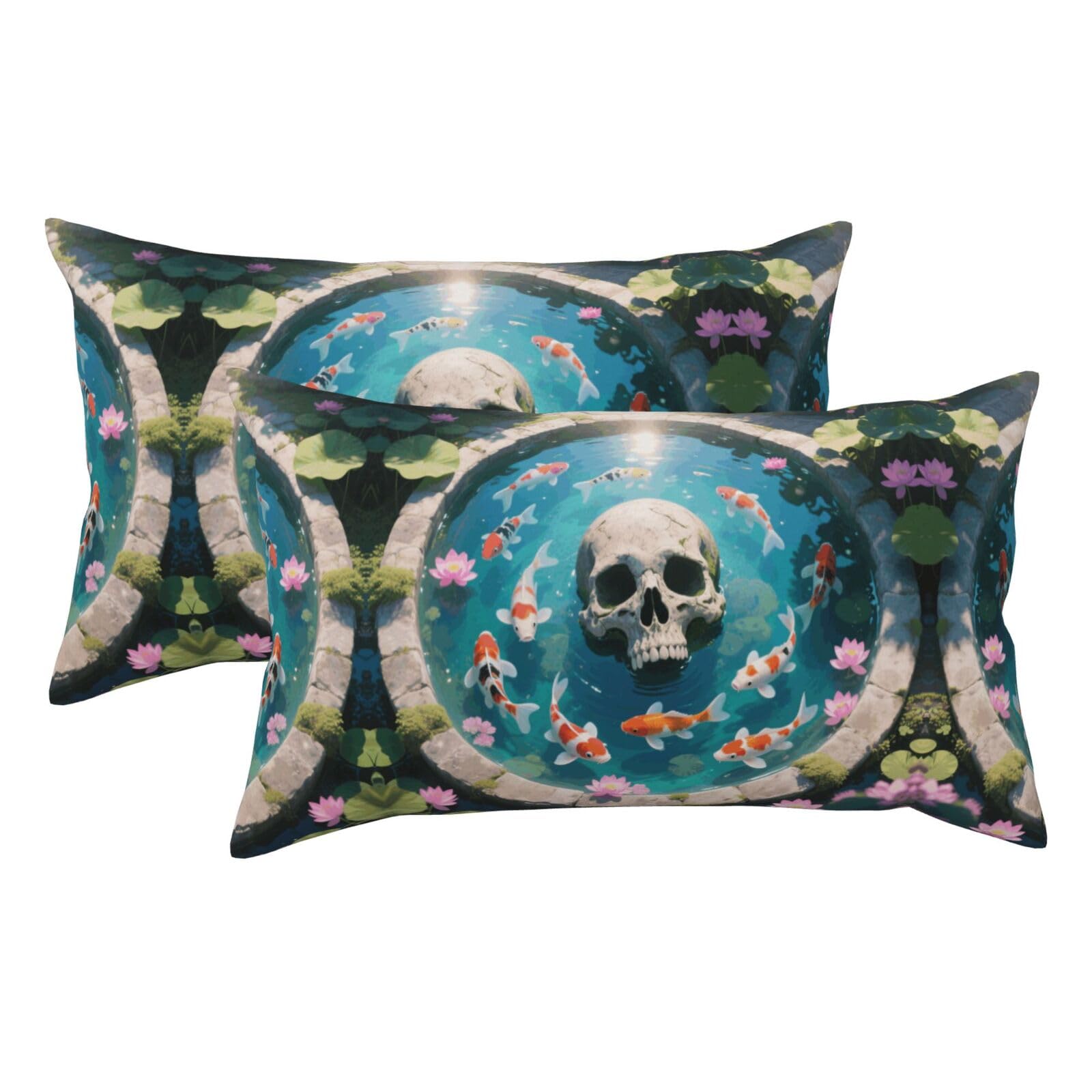 Koi Fish Skull Luxury King Pillowcases Set of 2, Plush Velvet Feel Pillow Covers with Hidden Zipper, Skin & Hair Friendly, 20x36 Inches Pillow Cases for Sleeping Gift