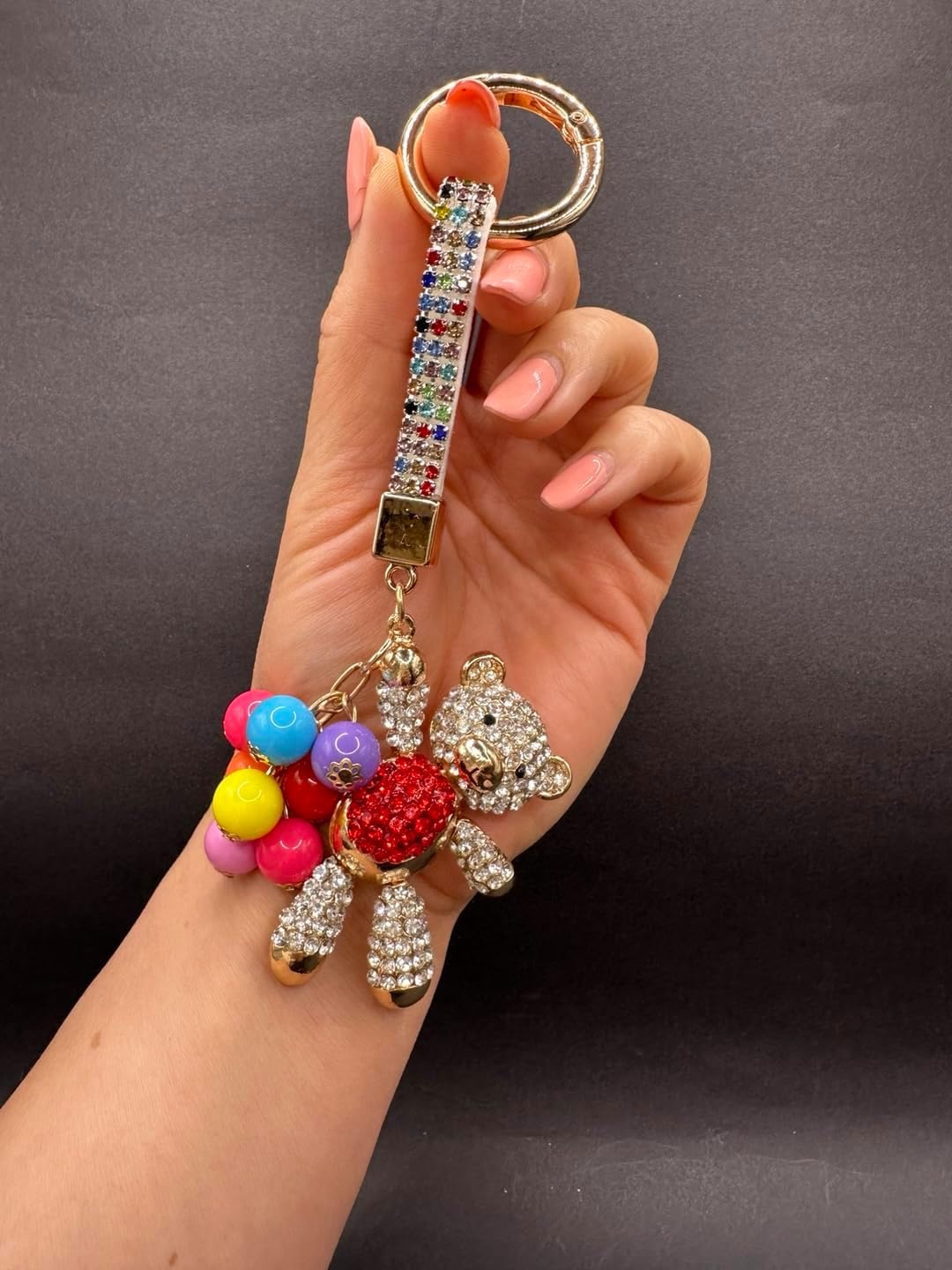 Crystal Bling Teddy Bear with Balloons Keychain, Key Ring, Charm Accessory