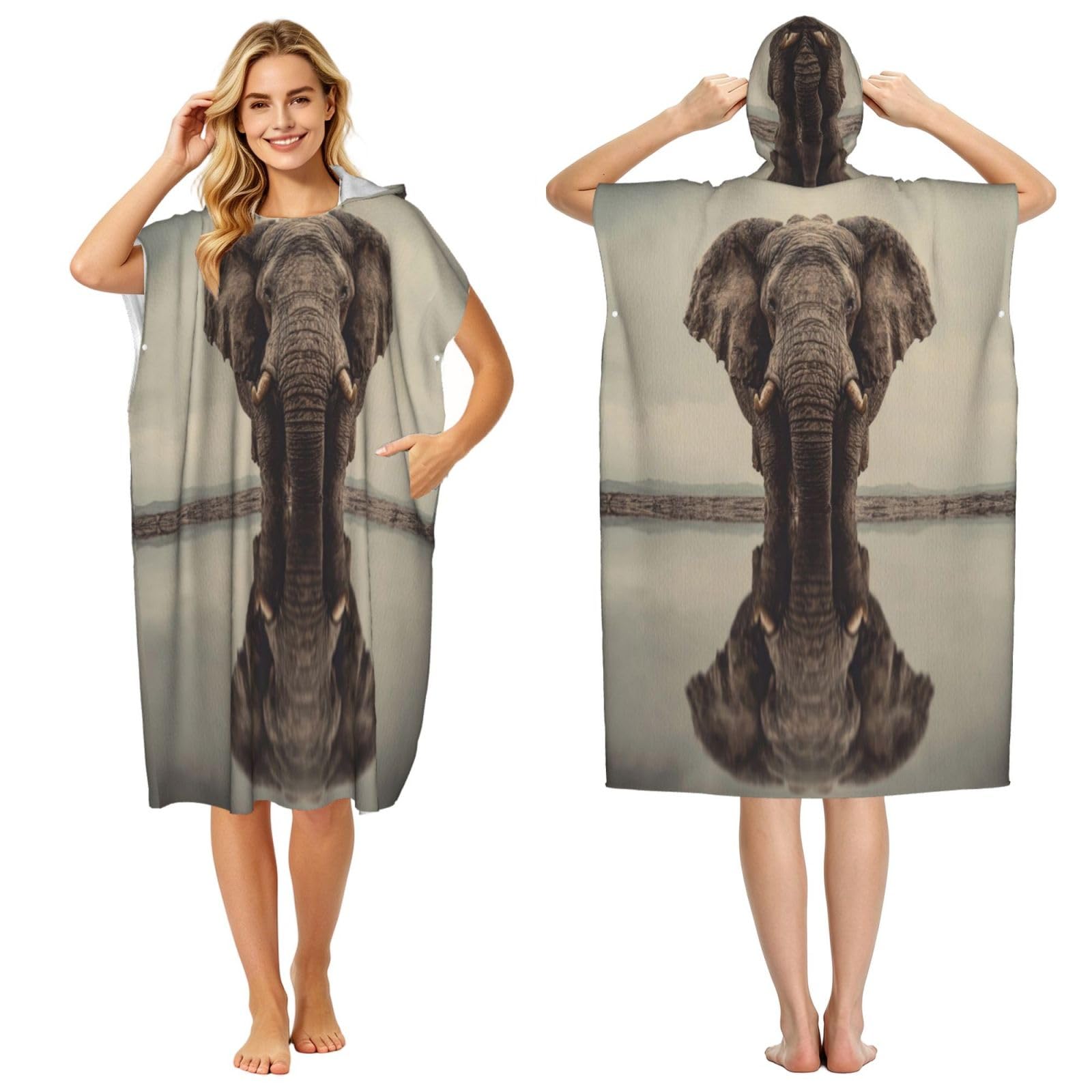 KLGRTJHK The Elephant By The River Adult Hooded Beach Poncho Towel 43"X35"