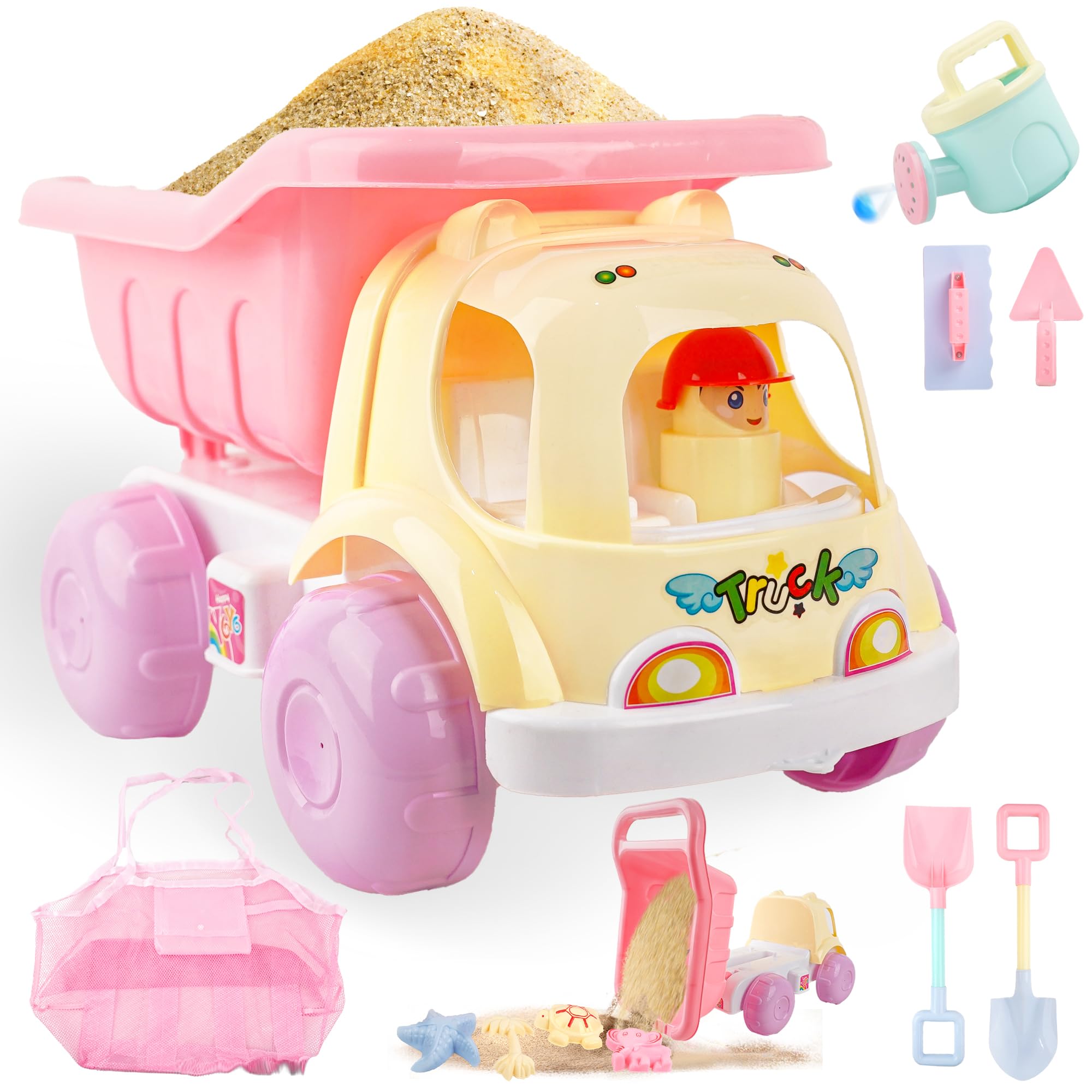 BELLOCHIDDO Beach Toys - Beach Dump Truck Kids Sand Toys Includes Sand Castle Molds, Shovel, Rake, Watering Can, Sandbox Toys for Boys & Girls